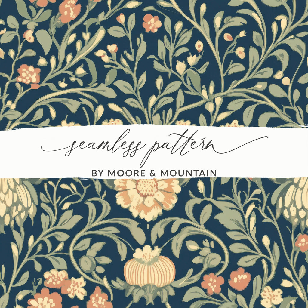 Navy Blue and Gold William Morris Vines Background Green Peach Blue Digital - Moore and Mountain