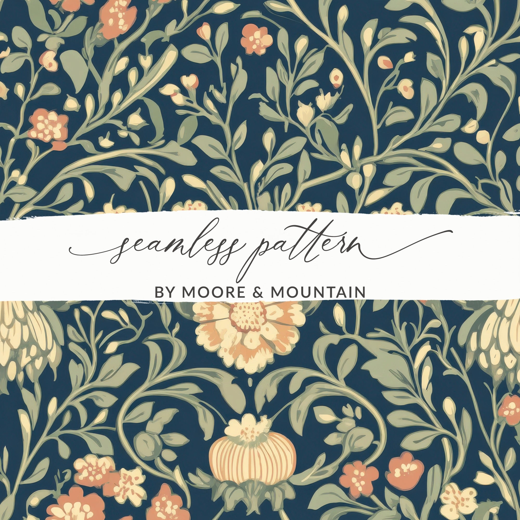 Navy Blue and Gold William Morris Vines Background Green Peach Blue Digital - Moore and Mountain