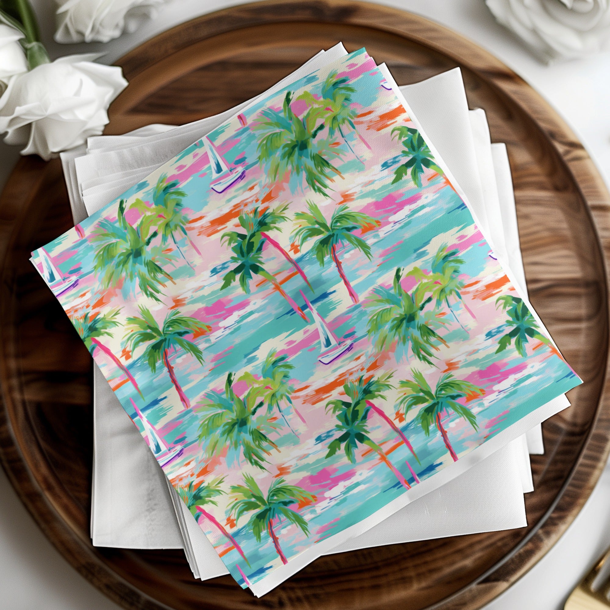 Colorful Tropical Palm Trees and Sailboats Napkin Product