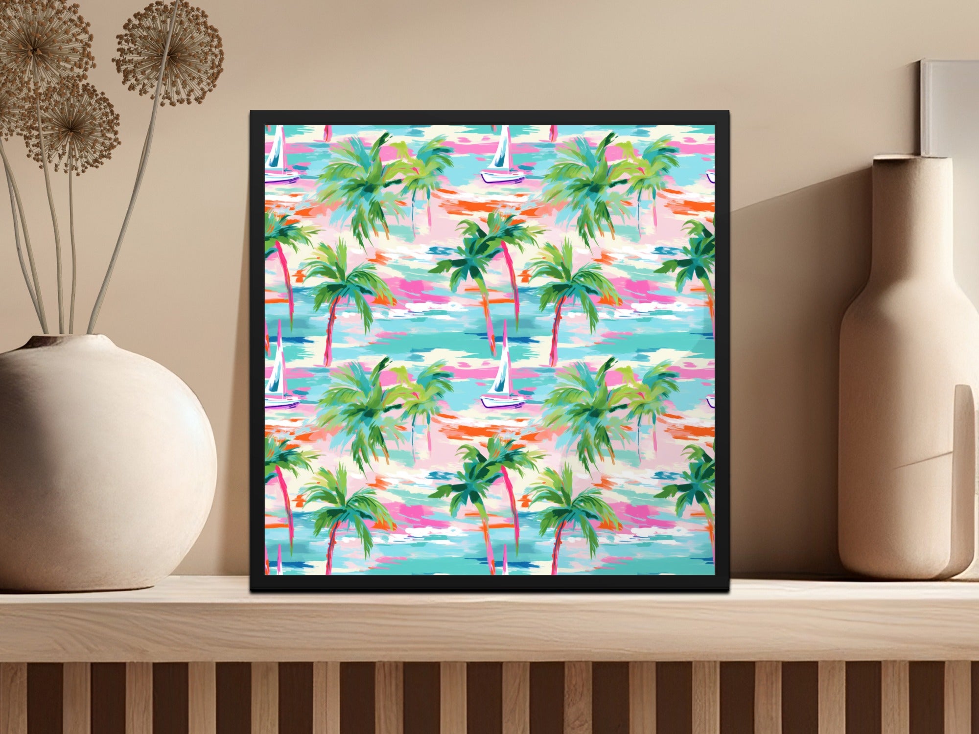 Colorful Tropical Palm Trees and Sailboats Wall Art