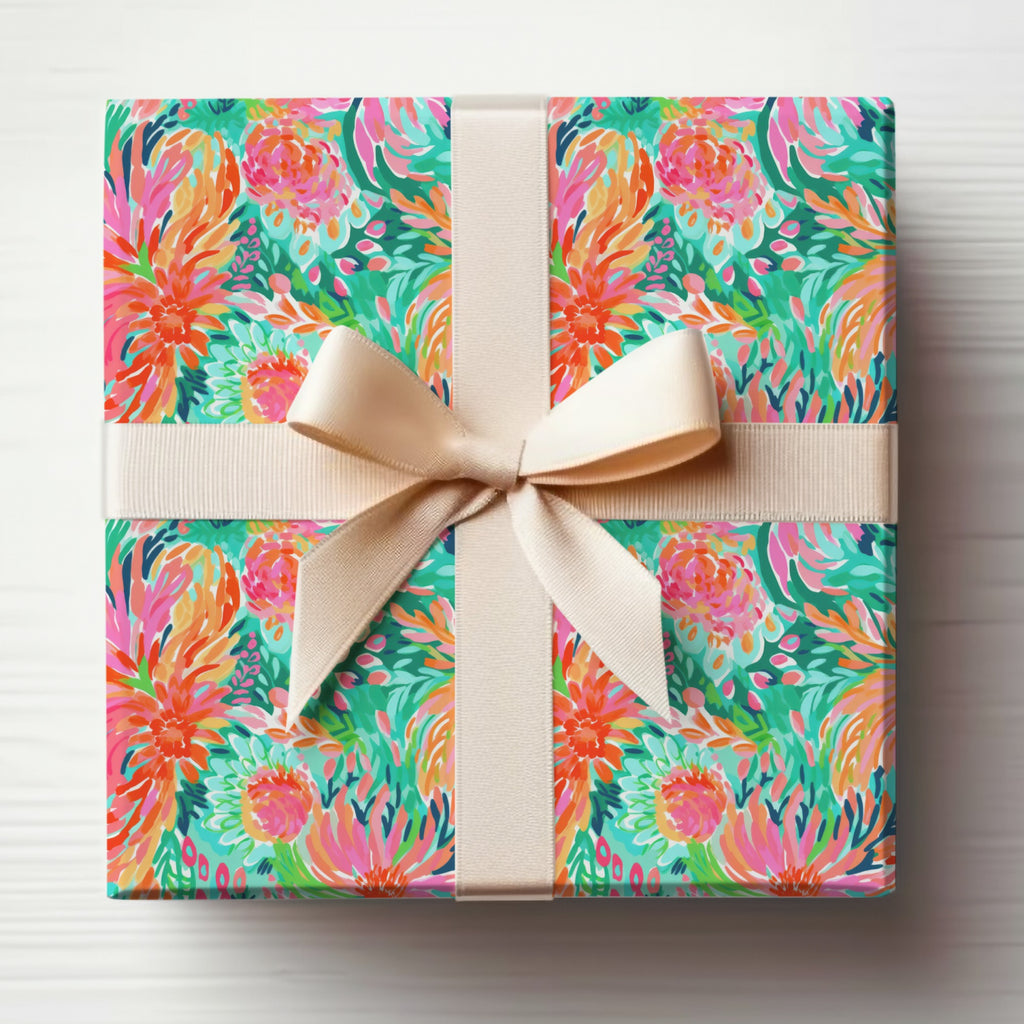 Colorful Floral Gift Wrapped Box with Cream Bow