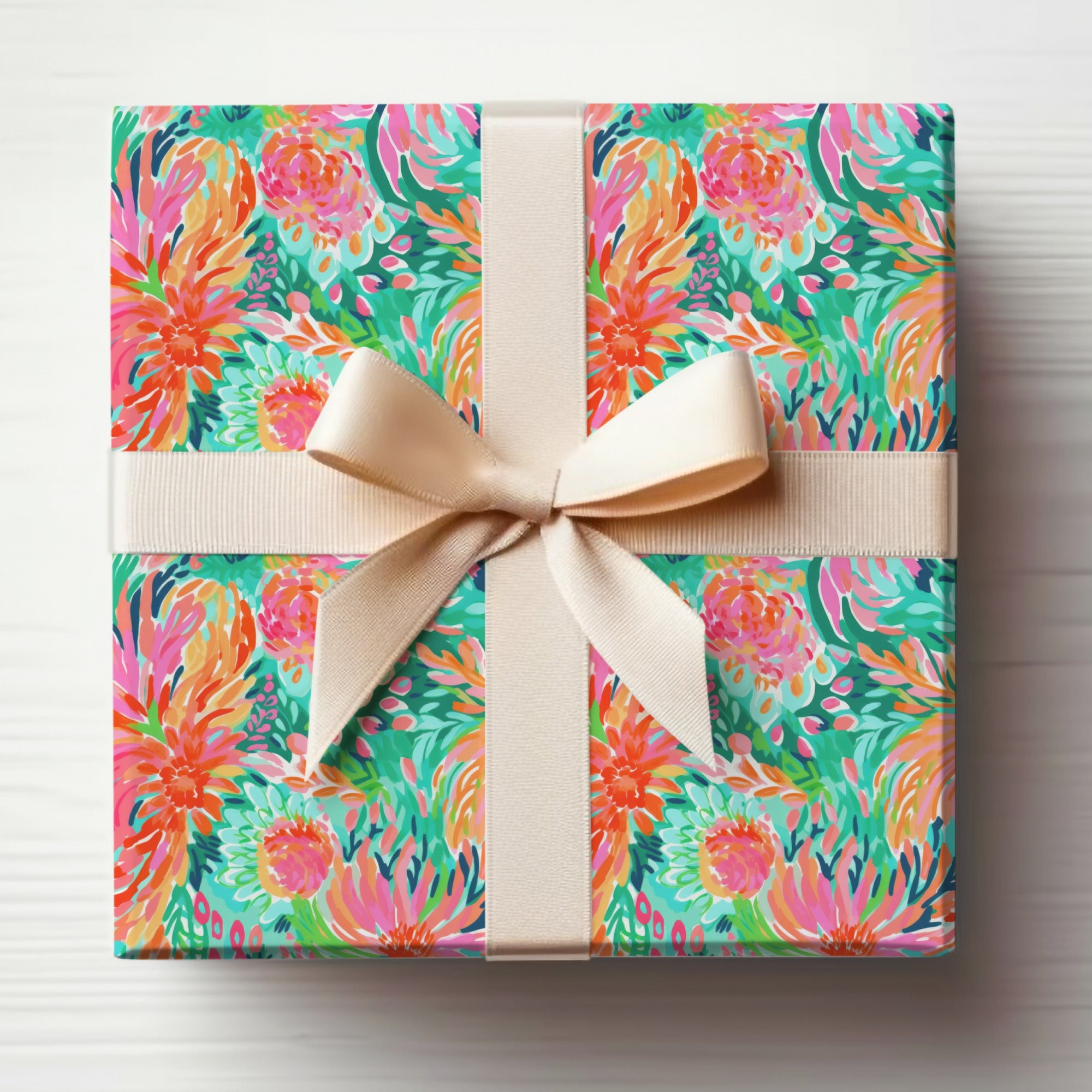 Colorful Floral Gift Wrapped Box with Cream Bow