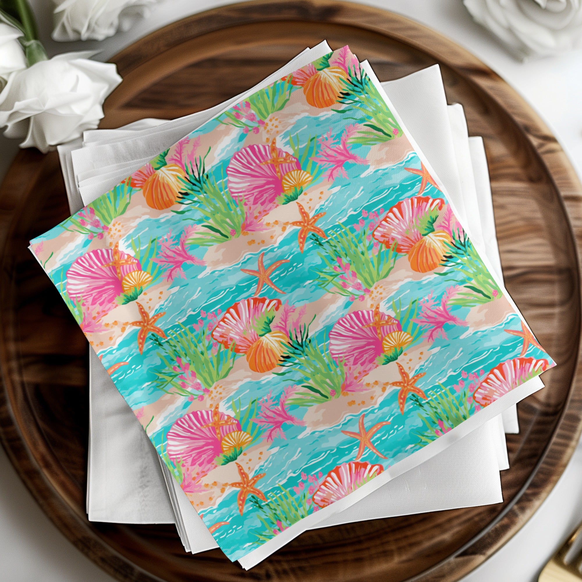 Vibrant Ocean Seashell and Starfish Pattern Napkin Set