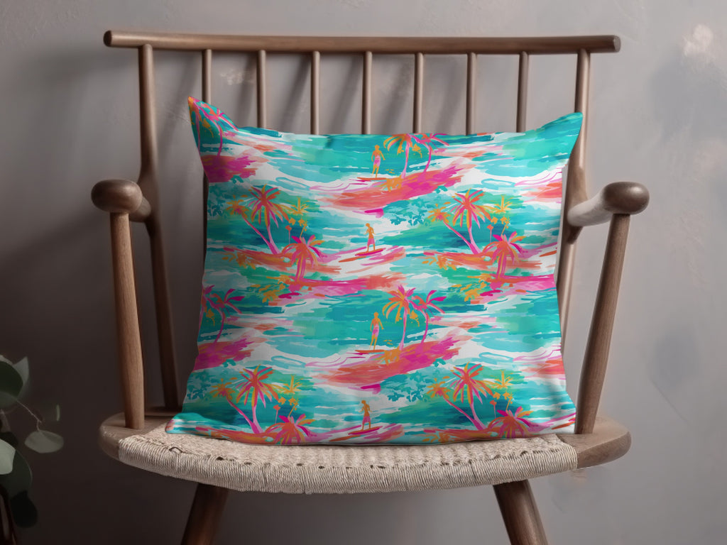 Tropical Beach Sunset Palm Trees Decorative Pillow