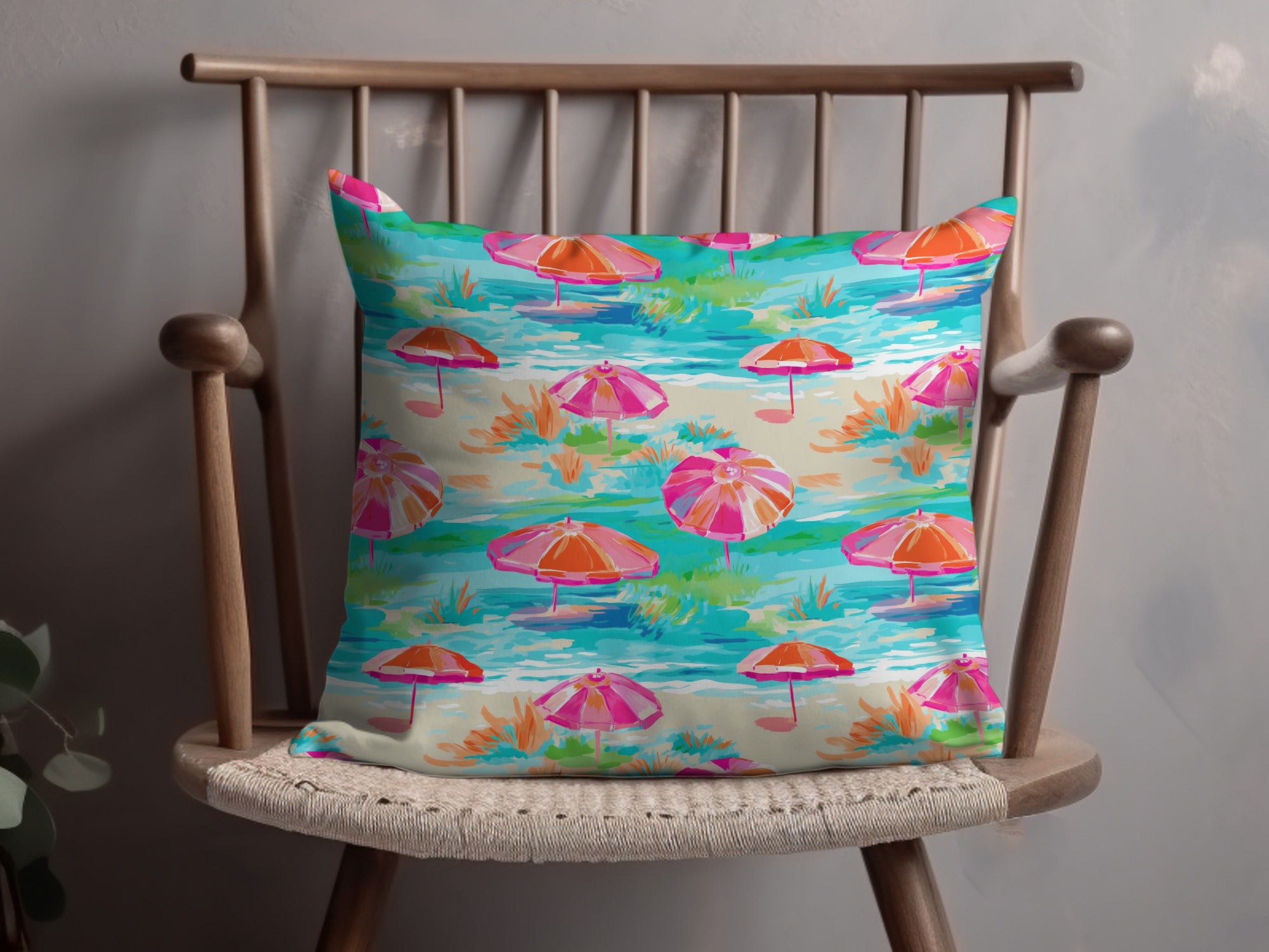 Colorful Beach Umbrellas Pattern Throw Pillow