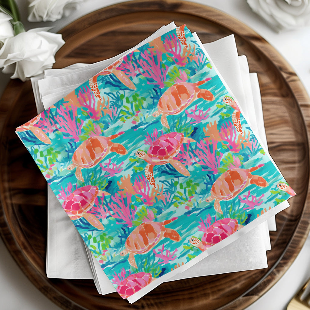 Colorful Sea Turtle and Coral Pattern Napkin Set