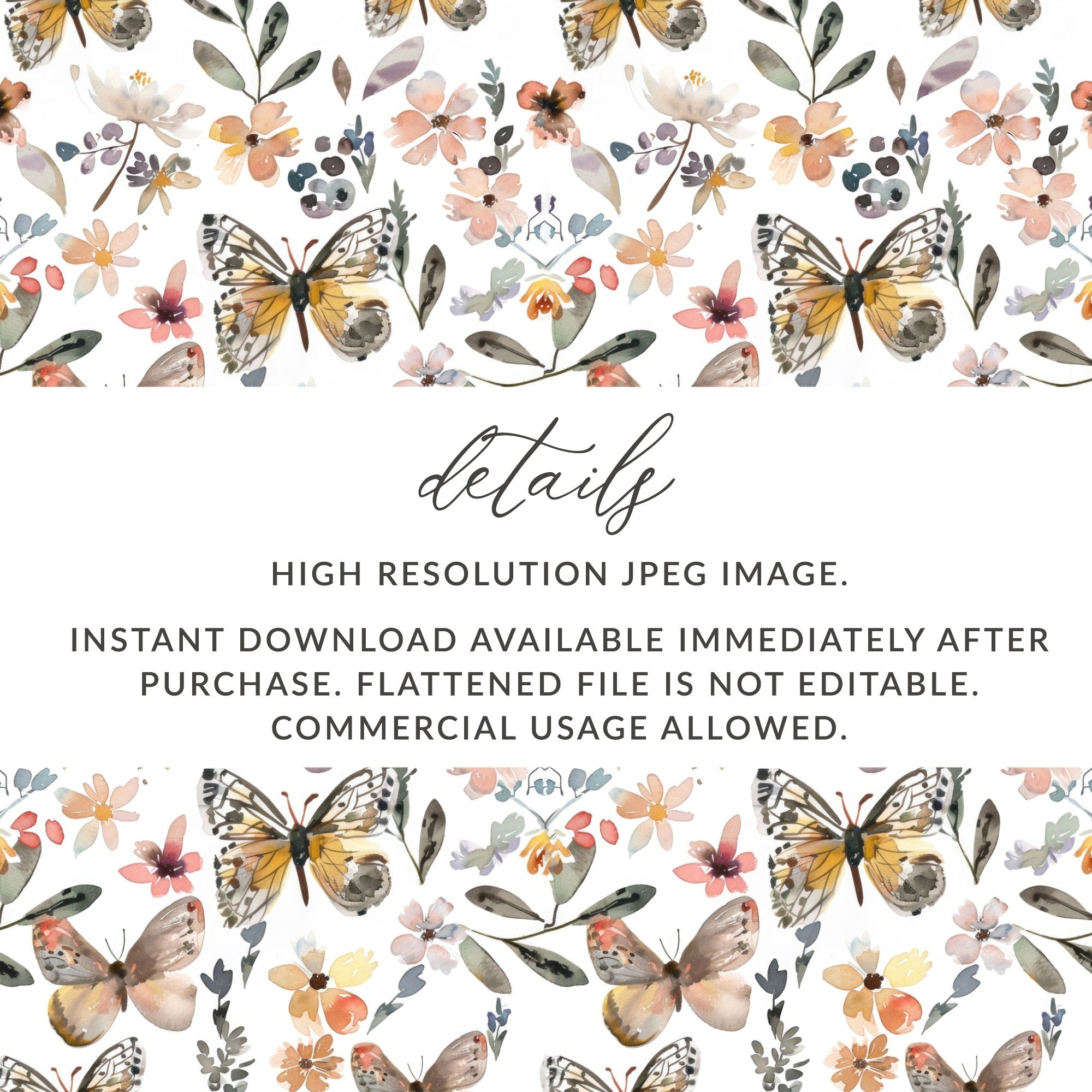 Neutral Watercolor Floral and Butterfly Seamless Print Digital - Moore and Mountain