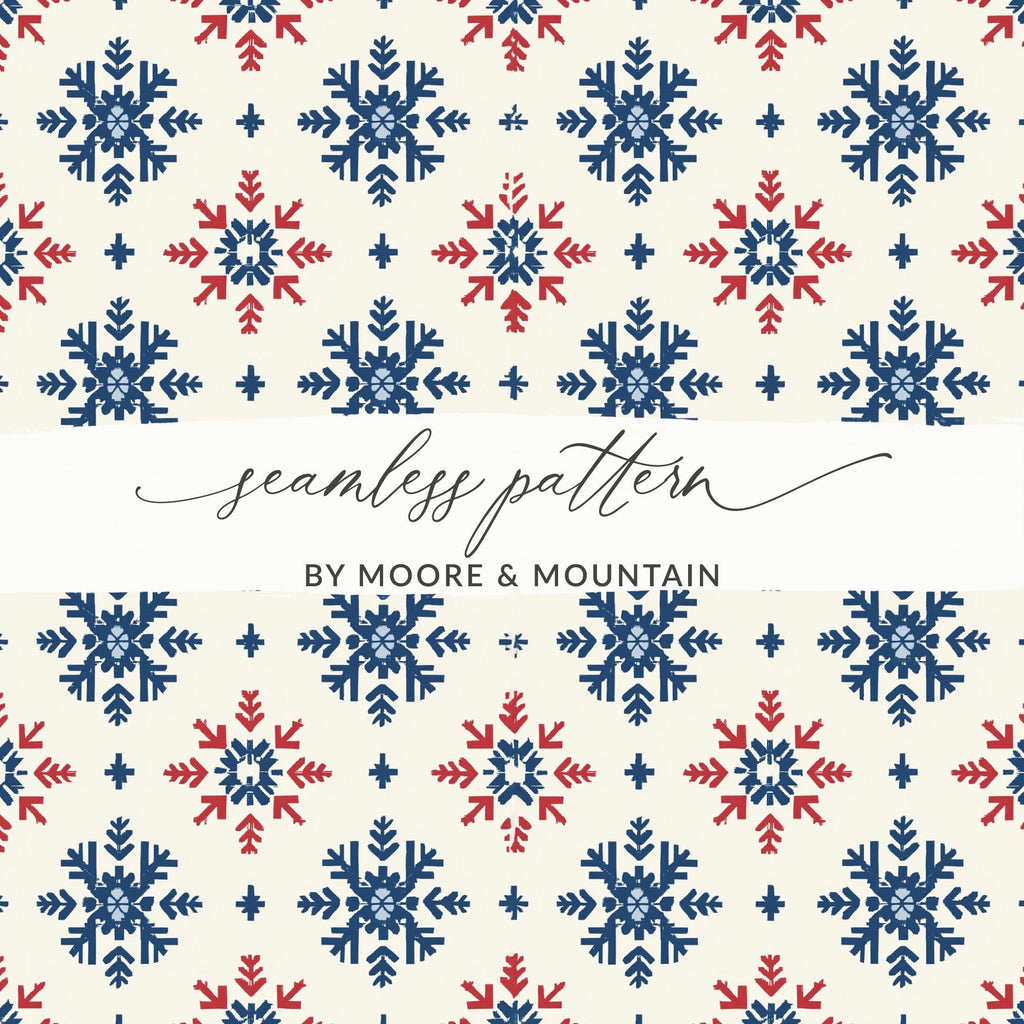 Nordic Winter Holidays Blue & Red Snowflake Pattern Digital Download | Festive Printable Wall Art - Moore and Mountain