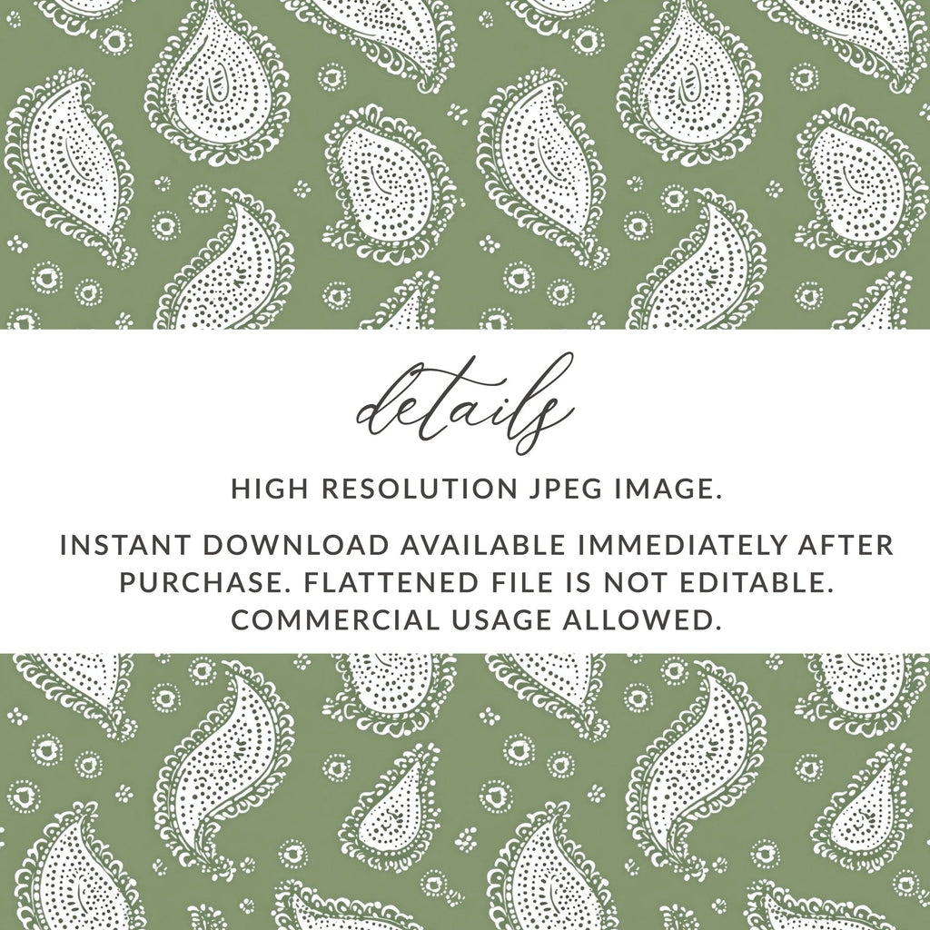Olive Green Paisley Digital Paper, White Boho Pattern, Seamless Textile Design, Printable Fabric Background, Scrapbooking Paper - Moore and Mountain