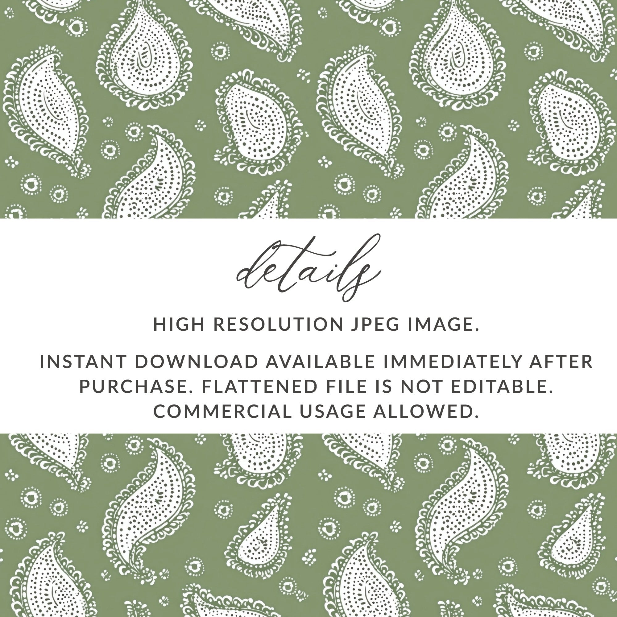Olive Green Paisley Digital Paper, White Boho Pattern, Seamless Textile Design, Printable Fabric Background, Scrapbooking Paper - Moore and Mountain