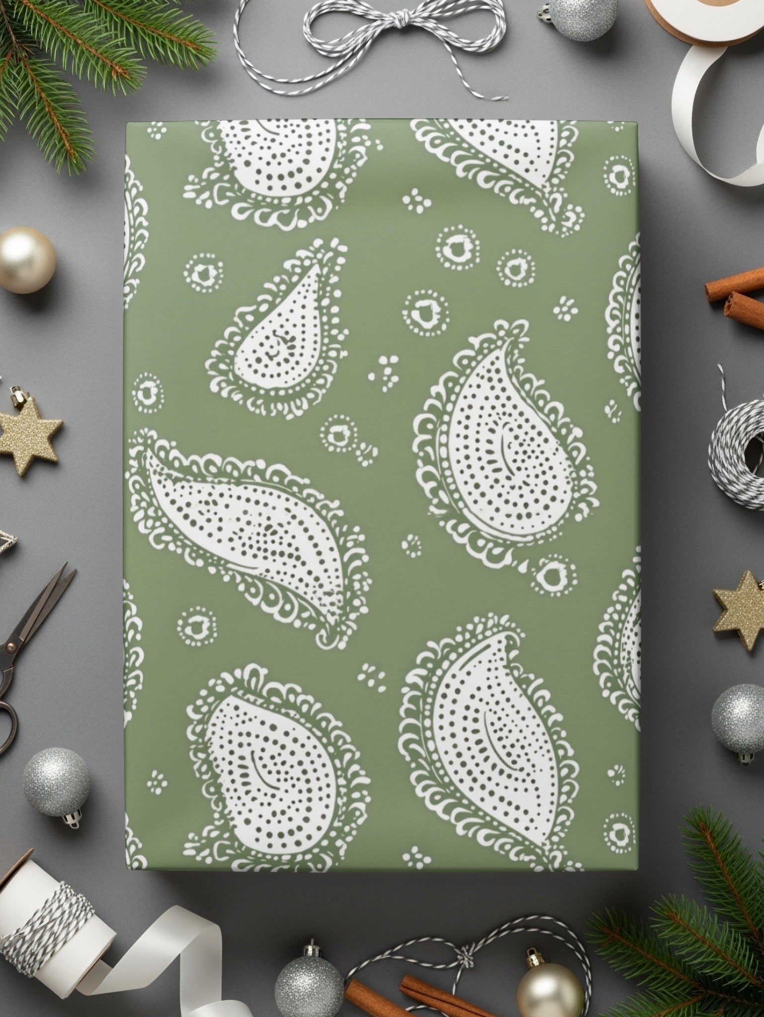 Olive Green Paisley Digital Paper, White Boho Pattern, Seamless Textile Design, Printable Fabric Background, Scrapbooking Paper - Moore and Mountain
