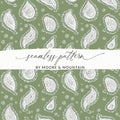 Olive Green Paisley Digital Paper, White Boho Pattern, Seamless Textile Design, Printable Fabric Background, Scrapbooking Paper - Moore and Mountain