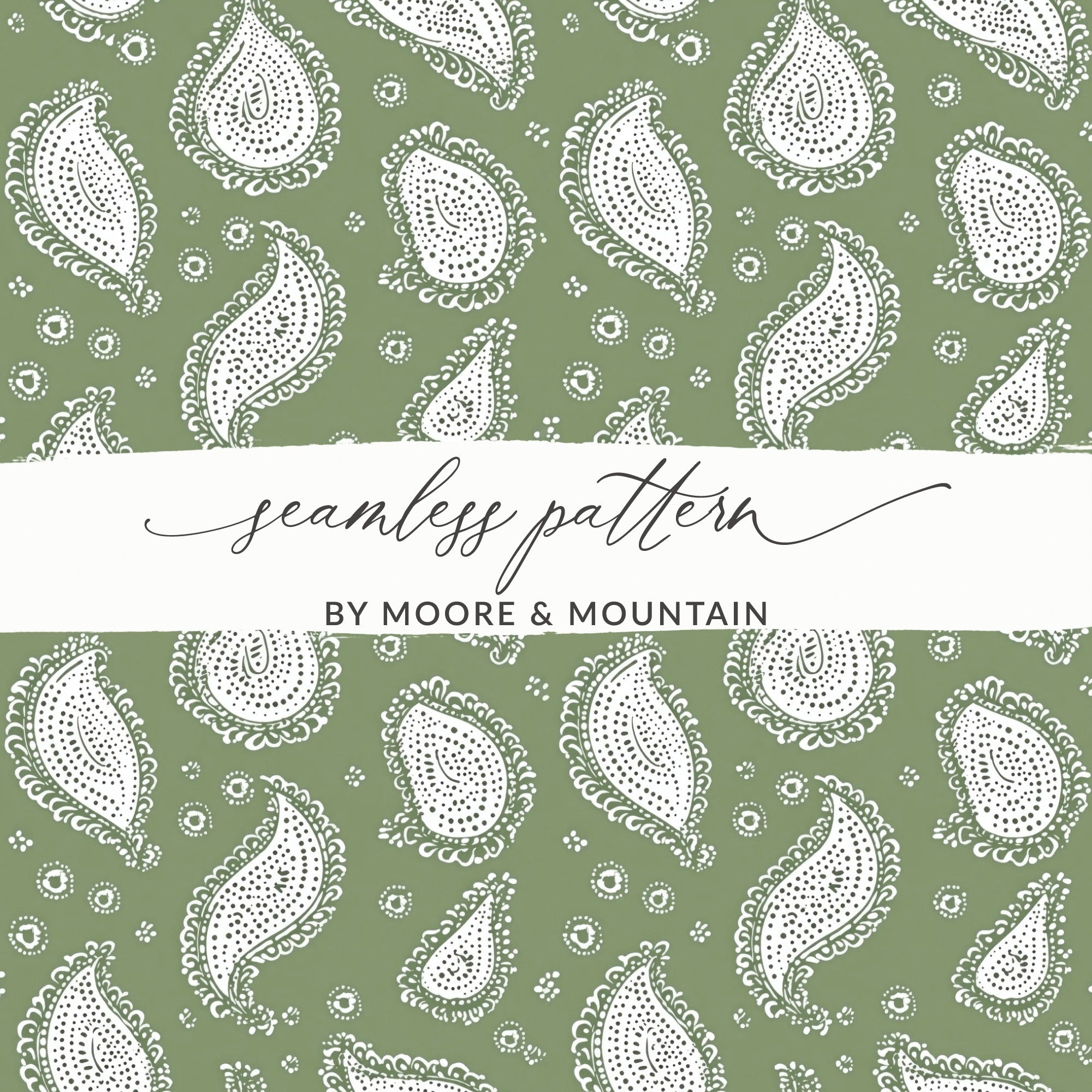 Olive Green Paisley Digital Paper, White Boho Pattern, Seamless Textile Design, Printable Fabric Background, Scrapbooking Paper - Moore and Mountain