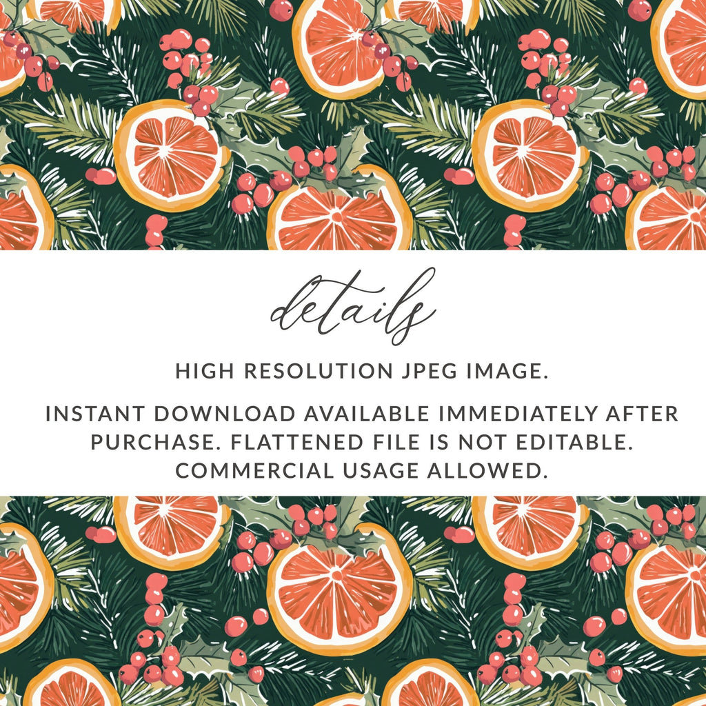 Orange Christmas Digital Paper, Winter Holiday Pattern, Seamless Citrus Print, Evergreen Background, Festive Scrapbook Paper, Printable - Moore and Mountain