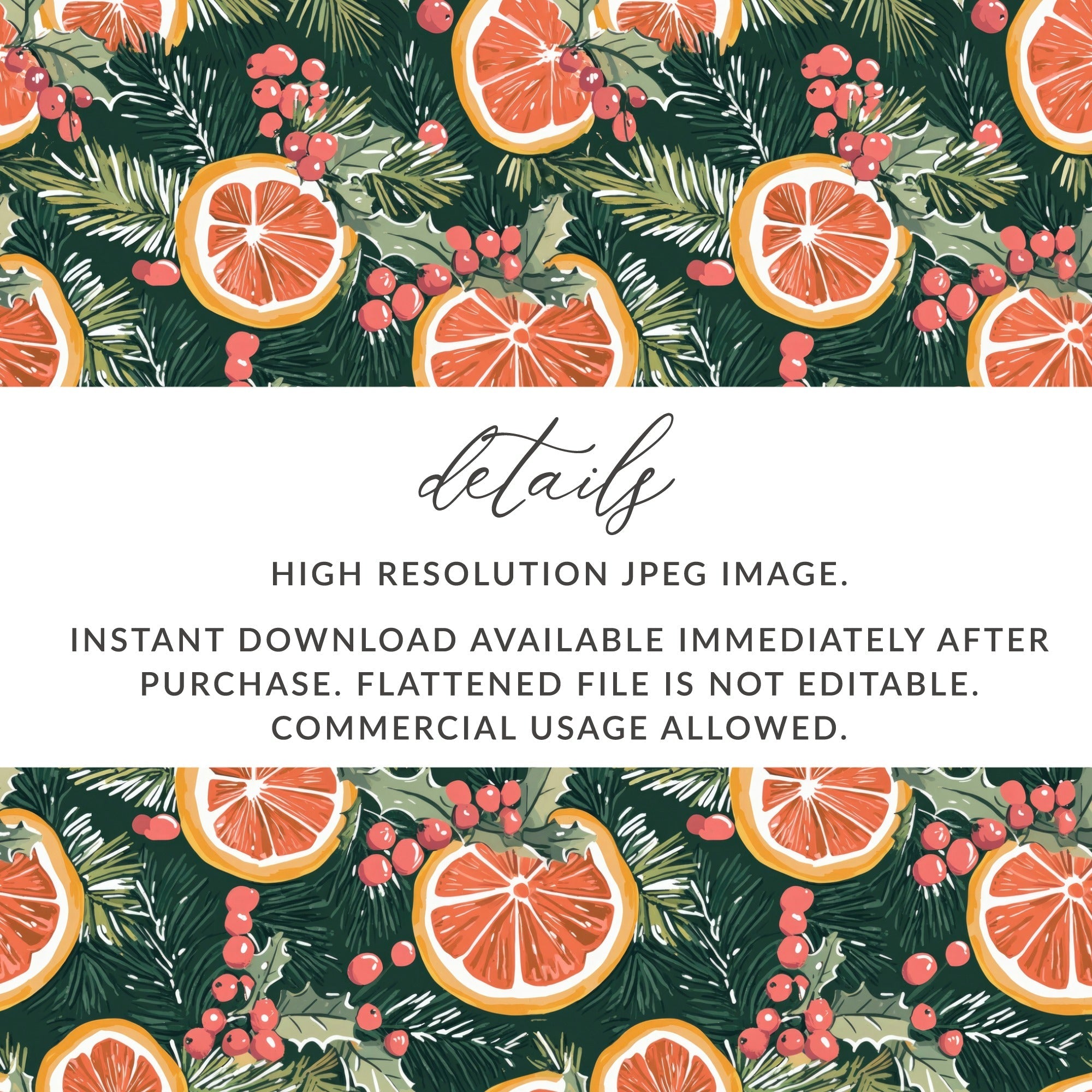 Orange Christmas Digital Paper, Winter Holiday Pattern, Seamless Citrus Print, Evergreen Background, Festive Scrapbook Paper, Printable - Moore and Mountain