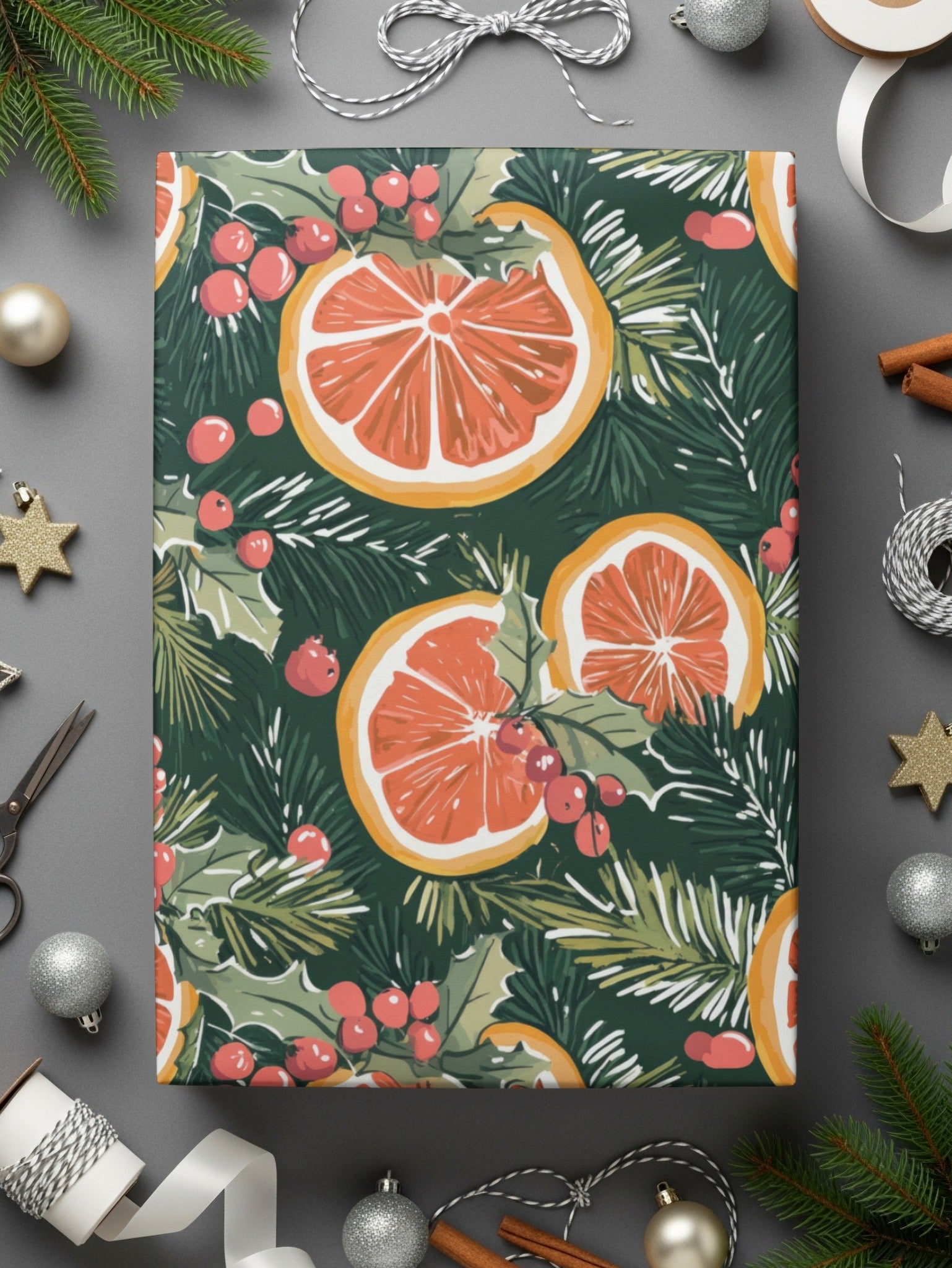 Orange Christmas Digital Paper, Winter Holiday Pattern, Seamless Citrus Print, Evergreen Background, Festive Scrapbook Paper, Printable - Moore and Mountain