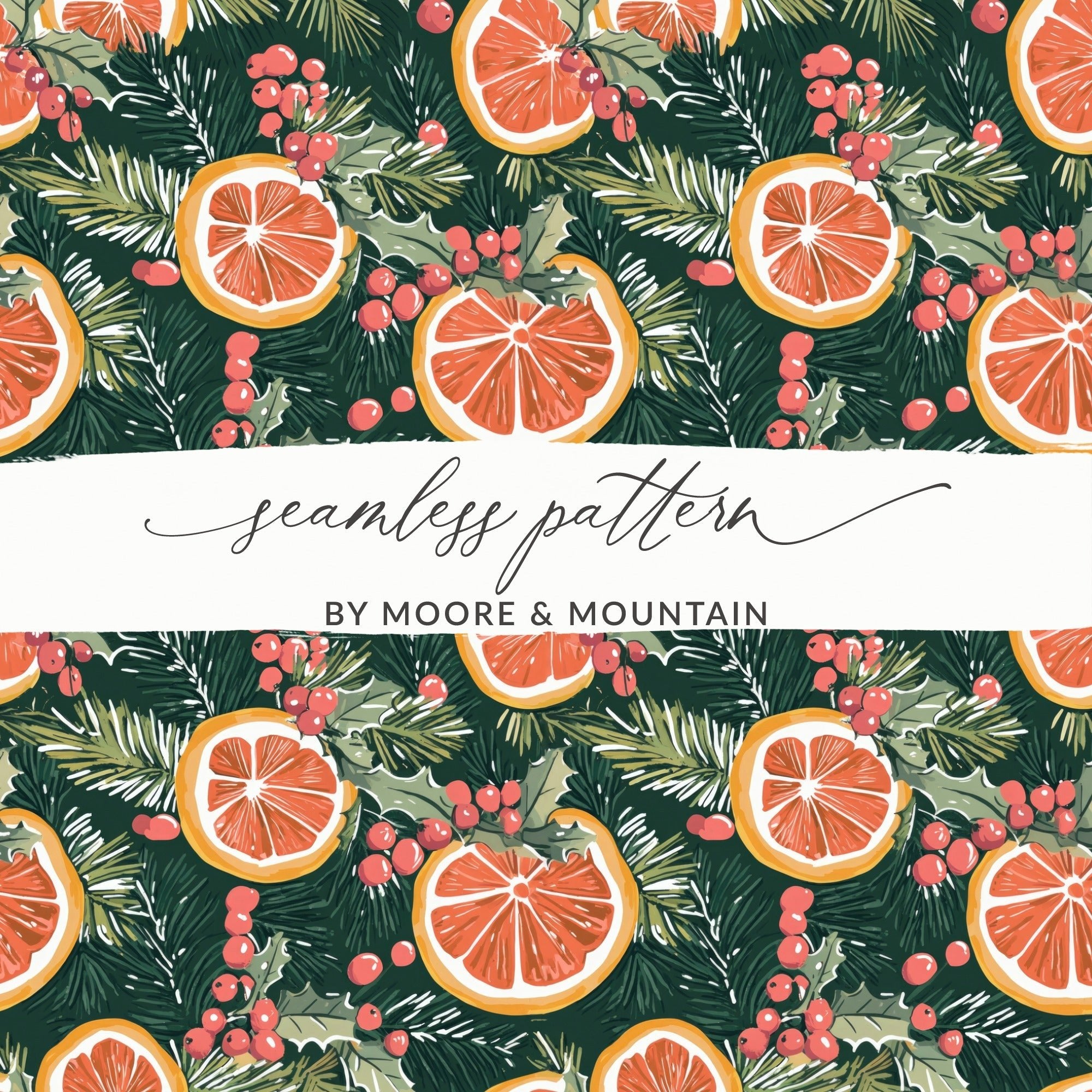 Orange Christmas Digital Paper, Winter Holiday Pattern, Seamless Citrus Print, Evergreen Background, Festive Scrapbook Paper, Printable - Moore and Mountain