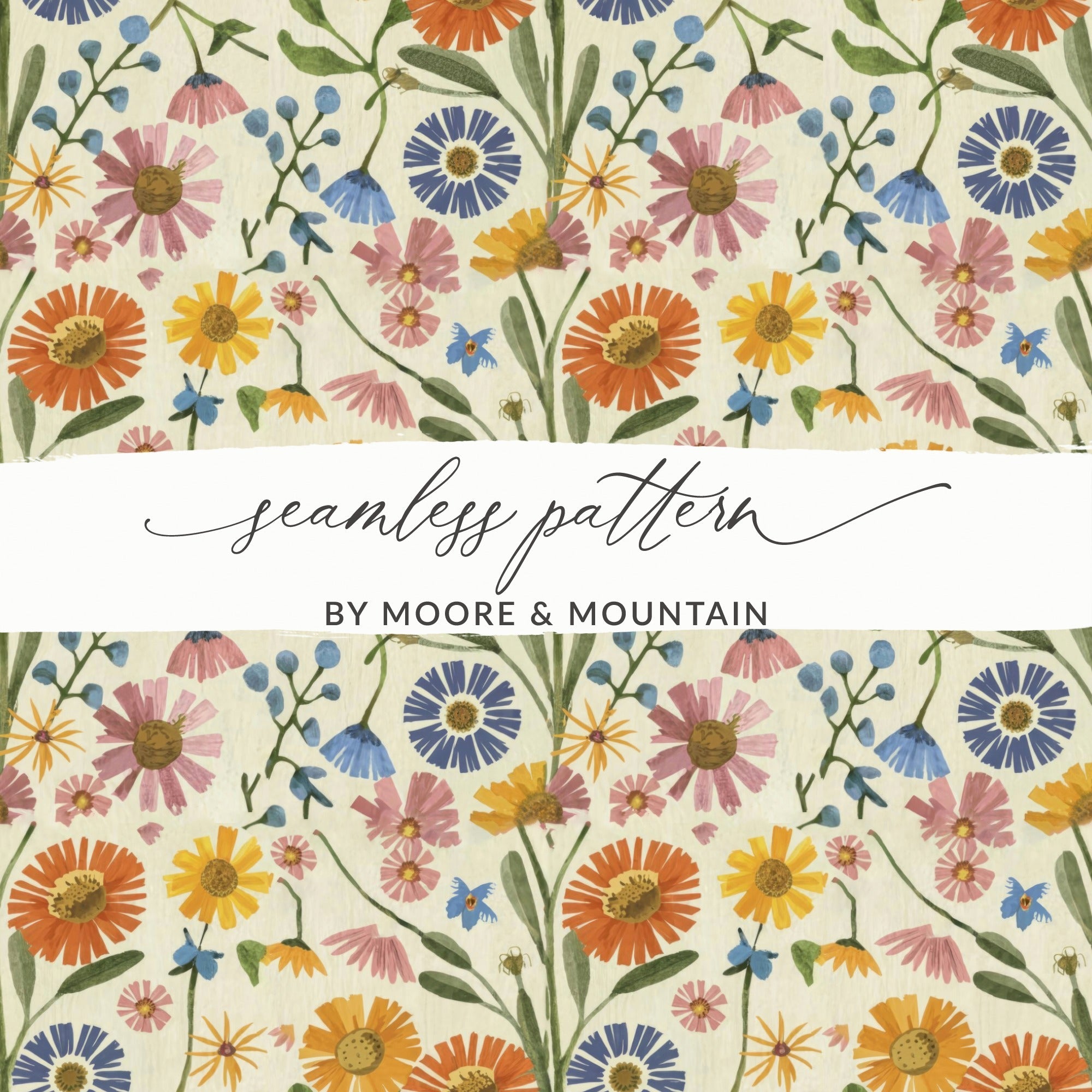 Orange Cottagecore Seamless Watercolor Floral Art Digital - Moore and Mountain