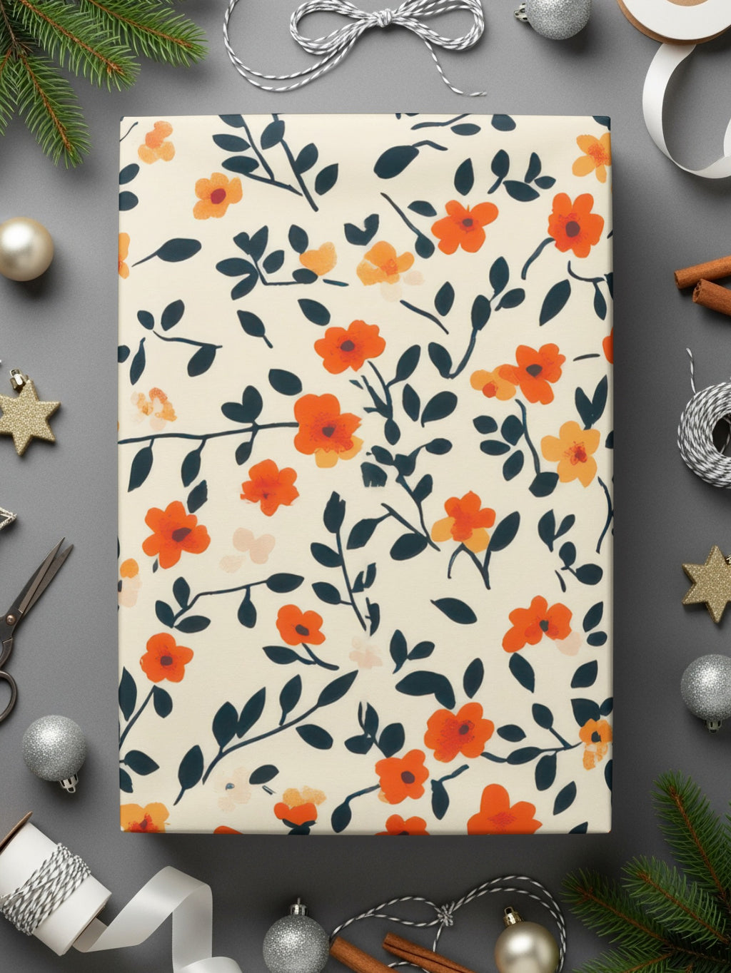 Festive Floral Gift Wrap with Orange and Green Pattern