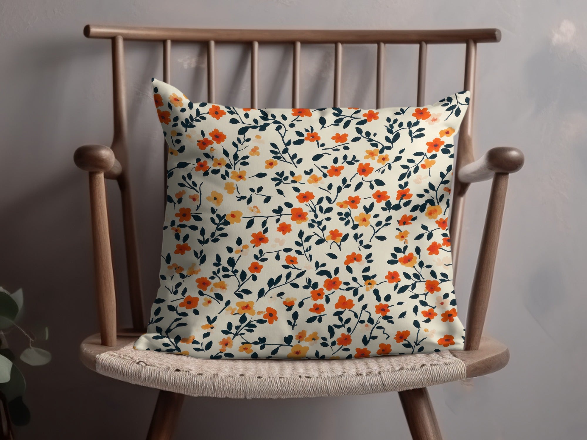 Vibrant Orange and Navy Floral Patterned Pillow