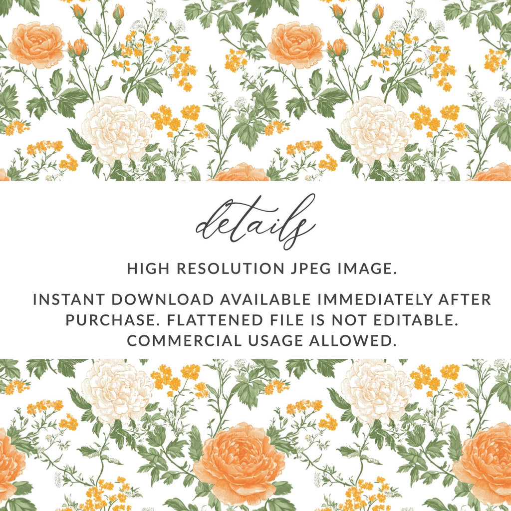 Orange Floral Digital Paper, Watercolor Flower Pattern, Peonies Roses Print, Spring Flowers Digital Download, Scrapbooking Paper - Moore and Mountain