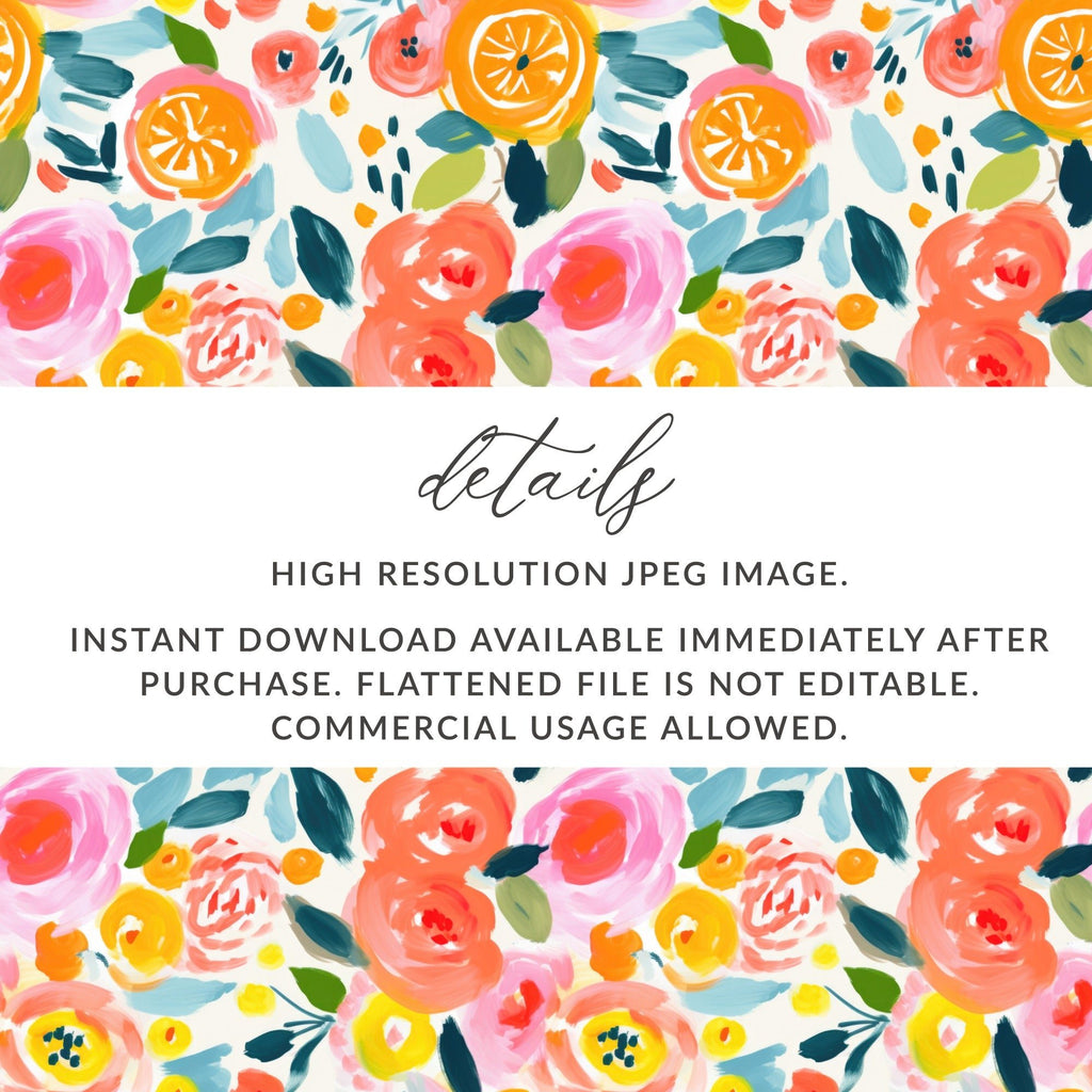 Orange Floral Pattern Digital Paper, Pink Roses Abstract Painting, Spring Flowers Watercolor Background, Summer Fruits Seamless Design - Moore and Mountain