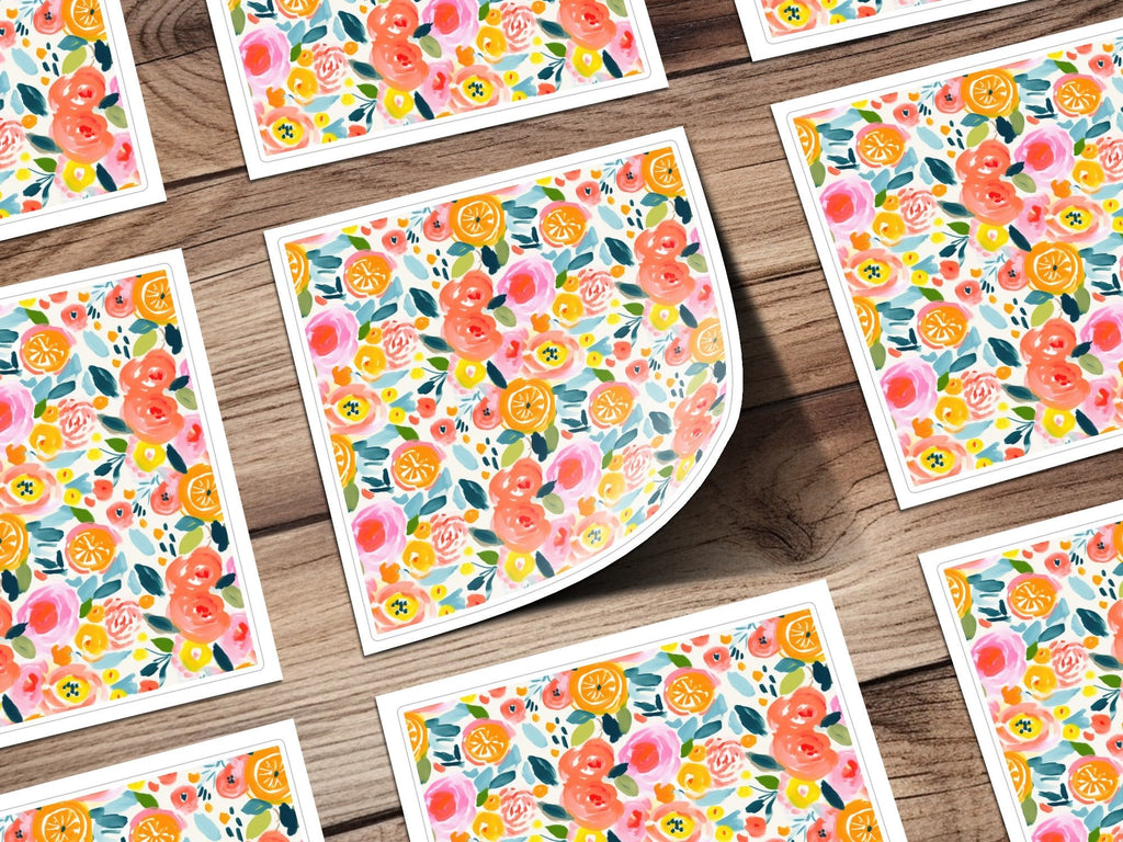 Orange Floral Pattern Digital Paper, Pink Roses Abstract Painting, Spring Flowers Watercolor Background, Summer Fruits Seamless Design - Moore and Mountain