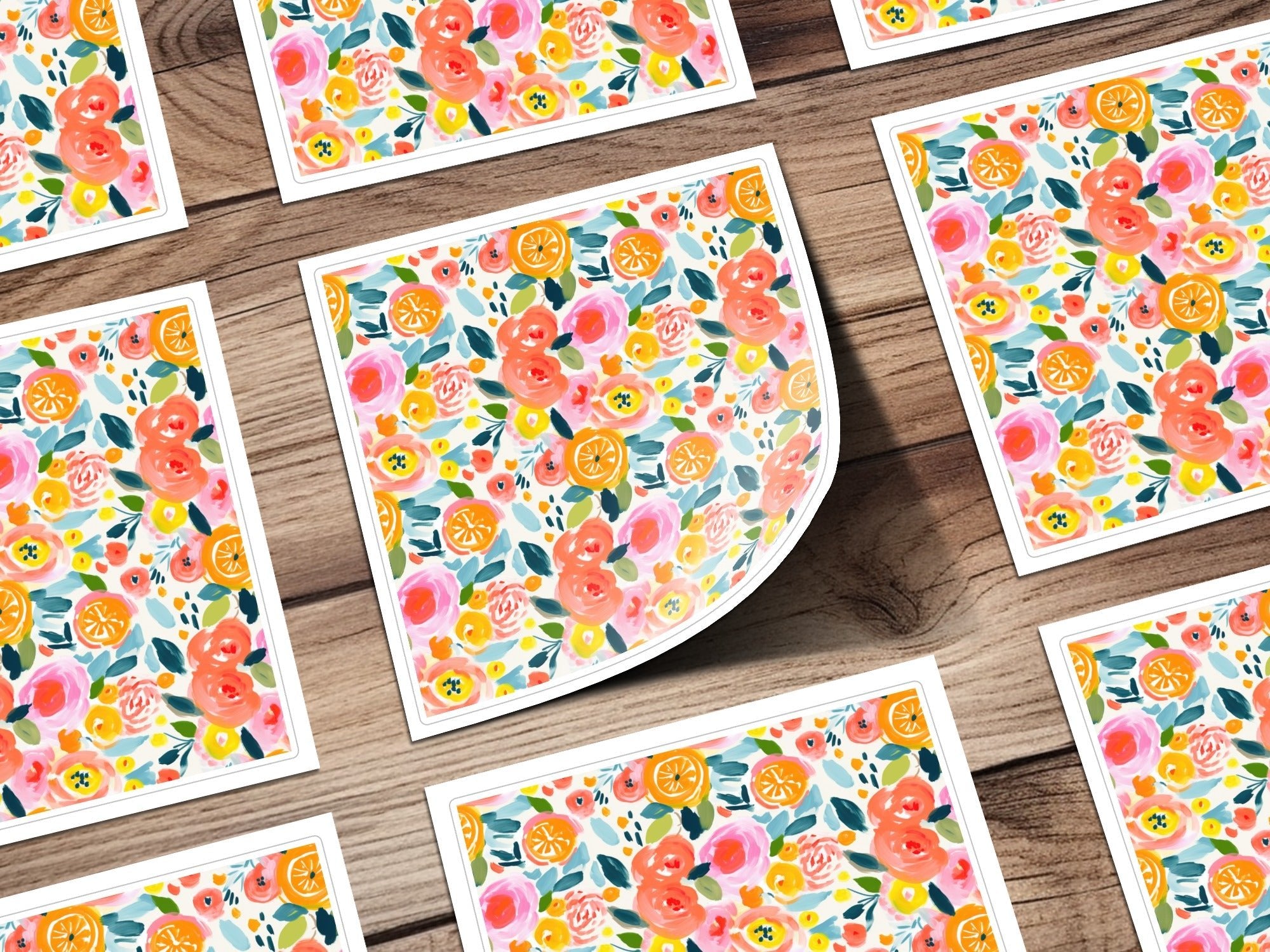 Orange Floral Pattern Digital Paper, Pink Roses Abstract Painting, Spring Flowers Watercolor Background, Summer Fruits Seamless Design - Moore and Mountain