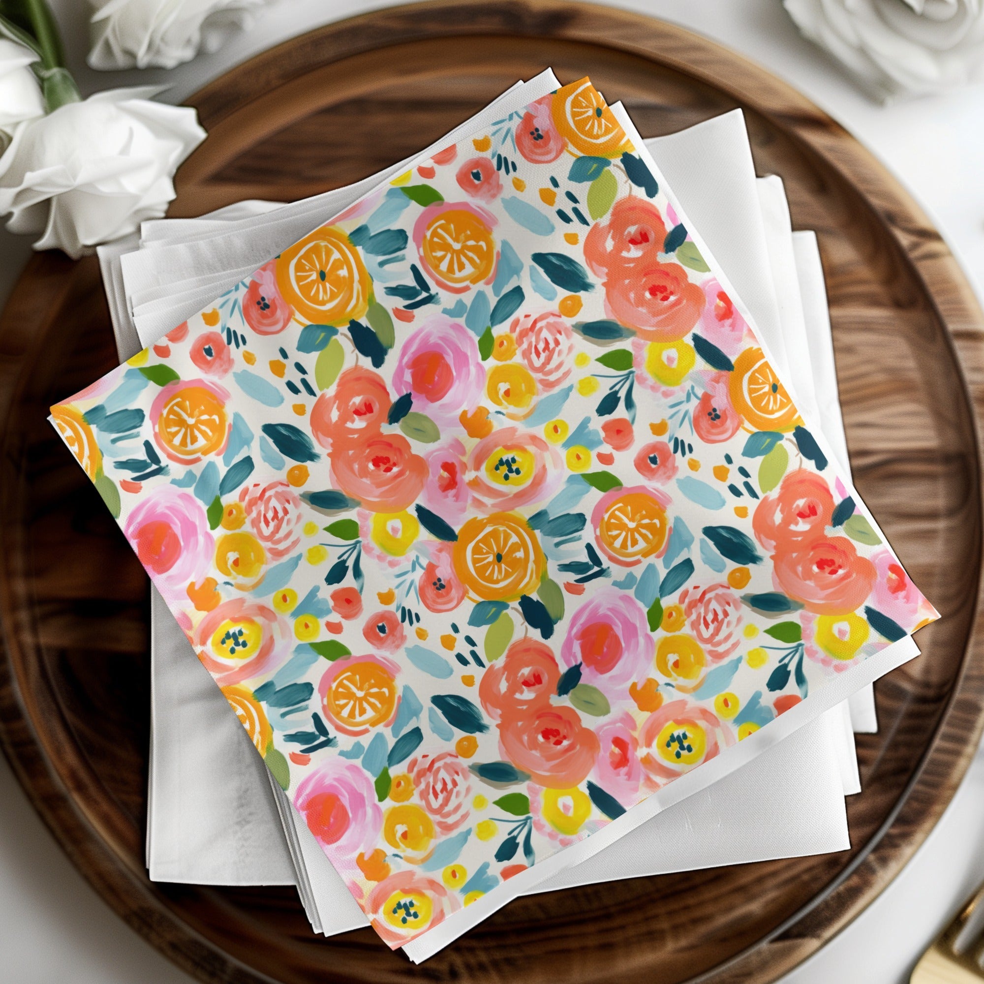 Orange Floral Pattern Digital Paper, Pink Roses Abstract Painting, Spring Flowers Watercolor Background, Summer Fruits Seamless Design - Moore and Mountain