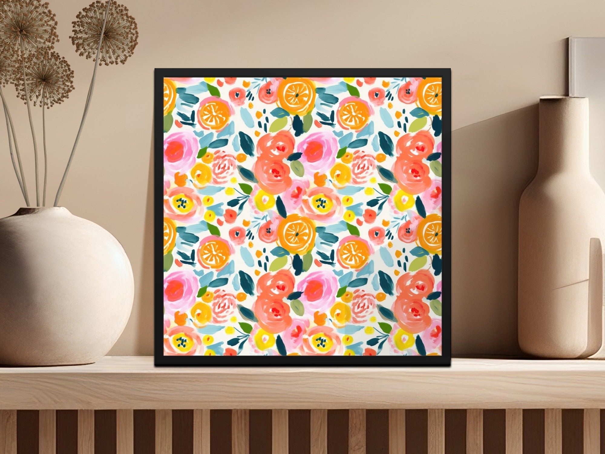 Orange Floral Pattern Digital Paper, Pink Roses Abstract Painting, Spring Flowers Watercolor Background, Summer Fruits Seamless Design - Moore and Mountain