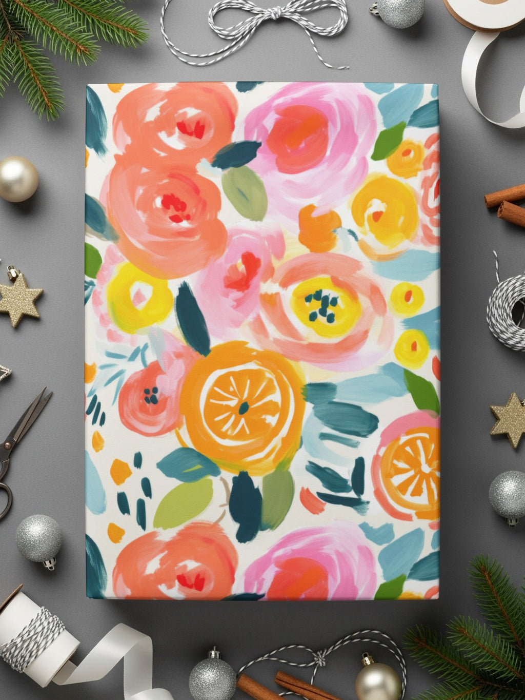 Orange Floral Pattern Digital Paper, Pink Roses Abstract Painting, Spring Flowers Watercolor Background, Summer Fruits Seamless Design - Moore and Mountain
