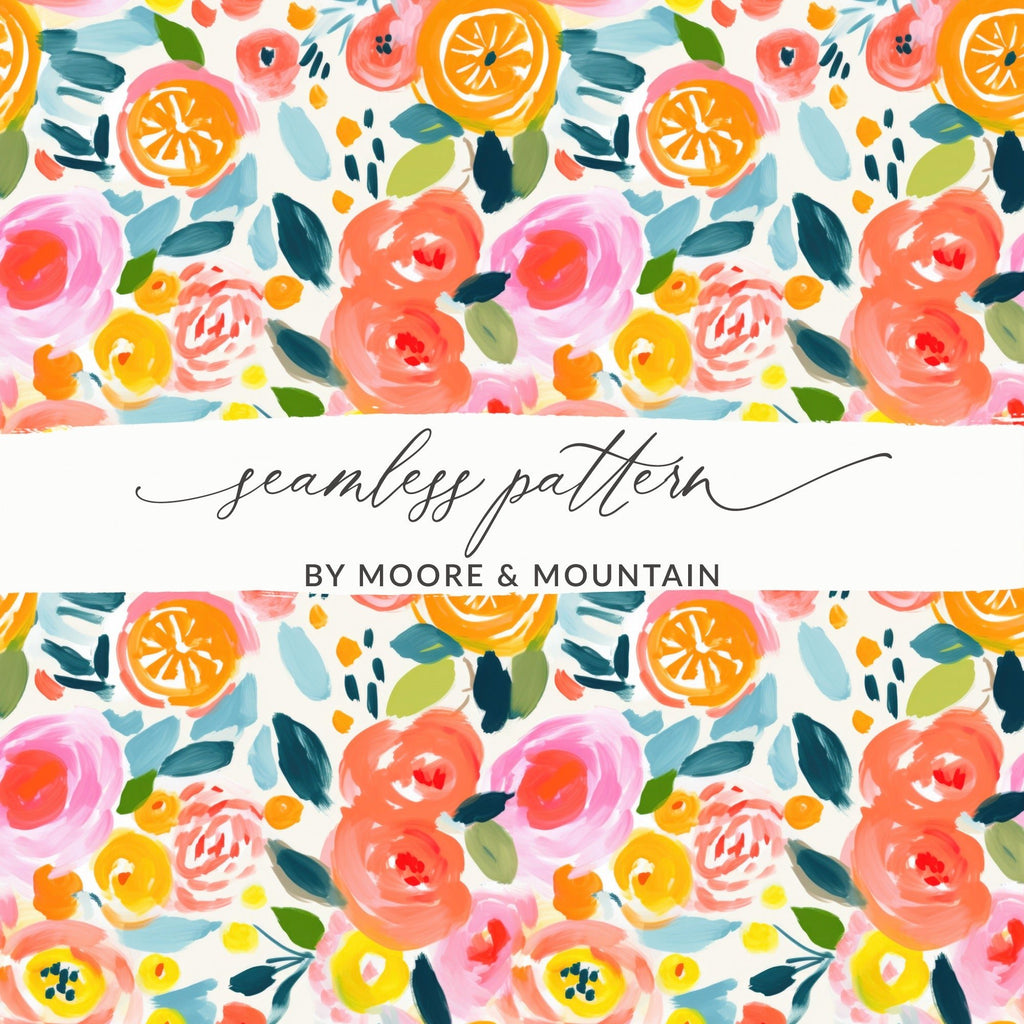 Orange Floral Pattern Digital Paper, Pink Roses Abstract Painting, Spring Flowers Watercolor Background, Summer Fruits Seamless Design - Moore and Mountain