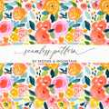 Orange Floral Pattern Digital Paper, Pink Roses Abstract Painting, Spring Flowers Watercolor Background, Summer Fruits Seamless Design - Moore and Mountain