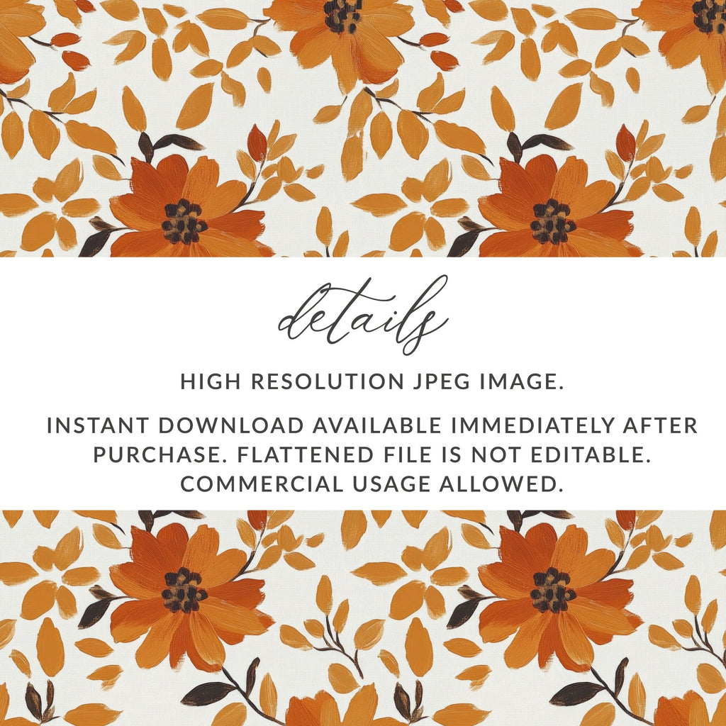 Orange Floral Seamless Digital Pattern, Fall Flower JPEG Files, Commercial Use Fabric Design, 12x12 Digital Paper, Autumn Printable Art - Moore and Mountain