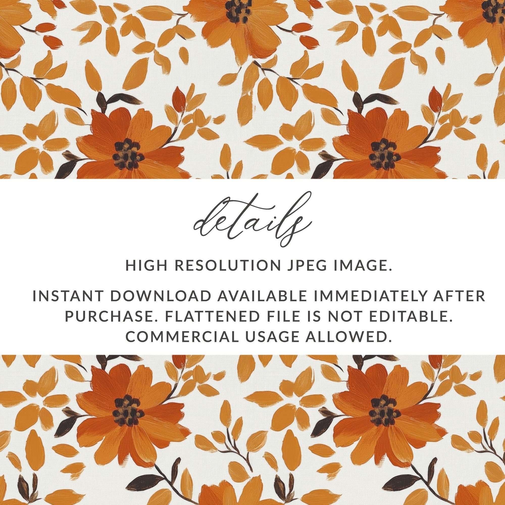 Orange Floral Seamless Digital Pattern, Fall Flower JPEG Files, Commercial Use Fabric Design, 12x12 Digital Paper, Autumn Printable Art - Moore and Mountain