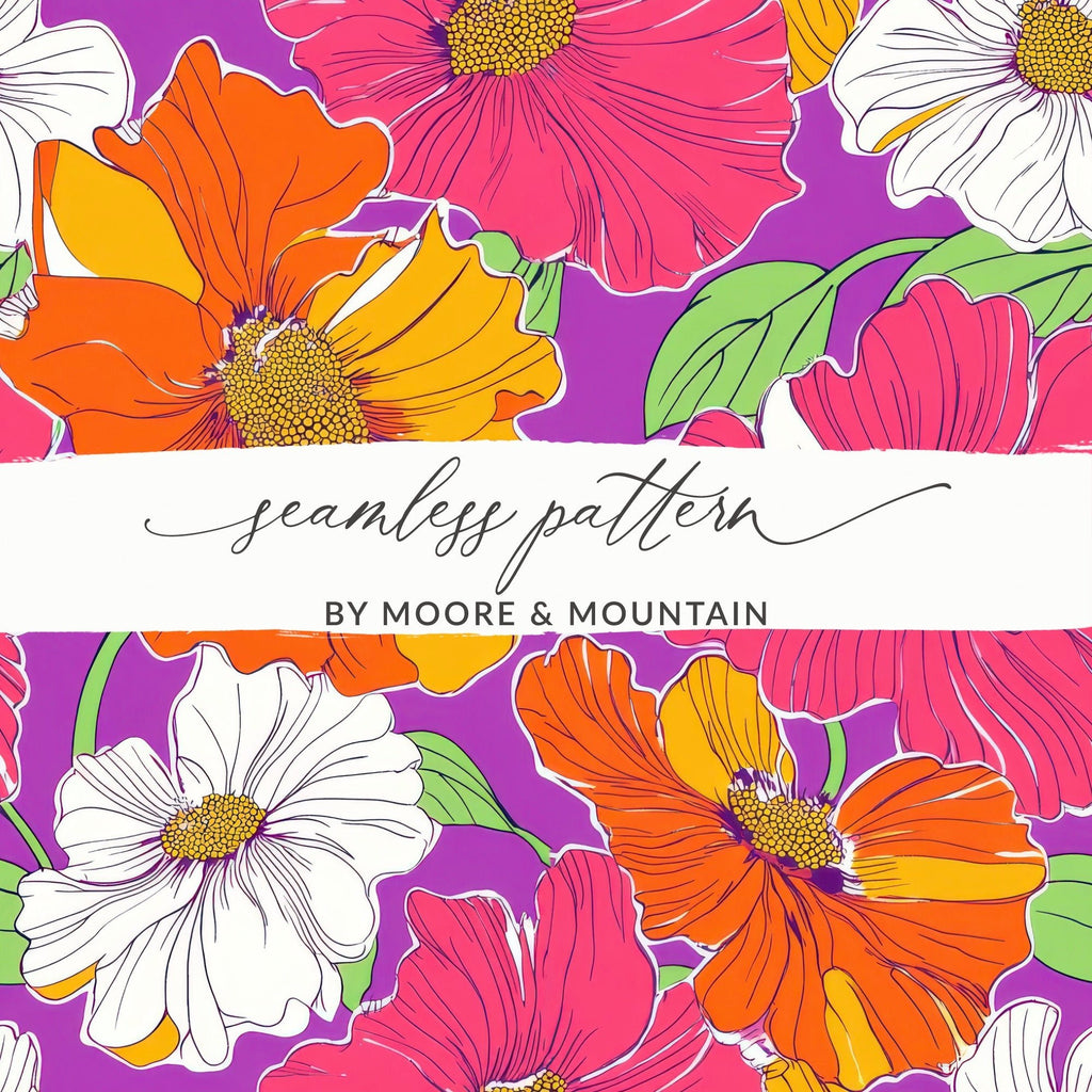 Orange Preppy Digital Download, 60s floral pattern, Seamless Retro Flowers, Groovy Floral Background, Colorful Flower Clipart - Moore and Mountain