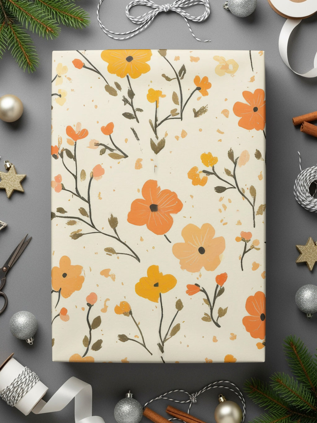 Floral Gift Wrap with Orange and Yellow Flowers