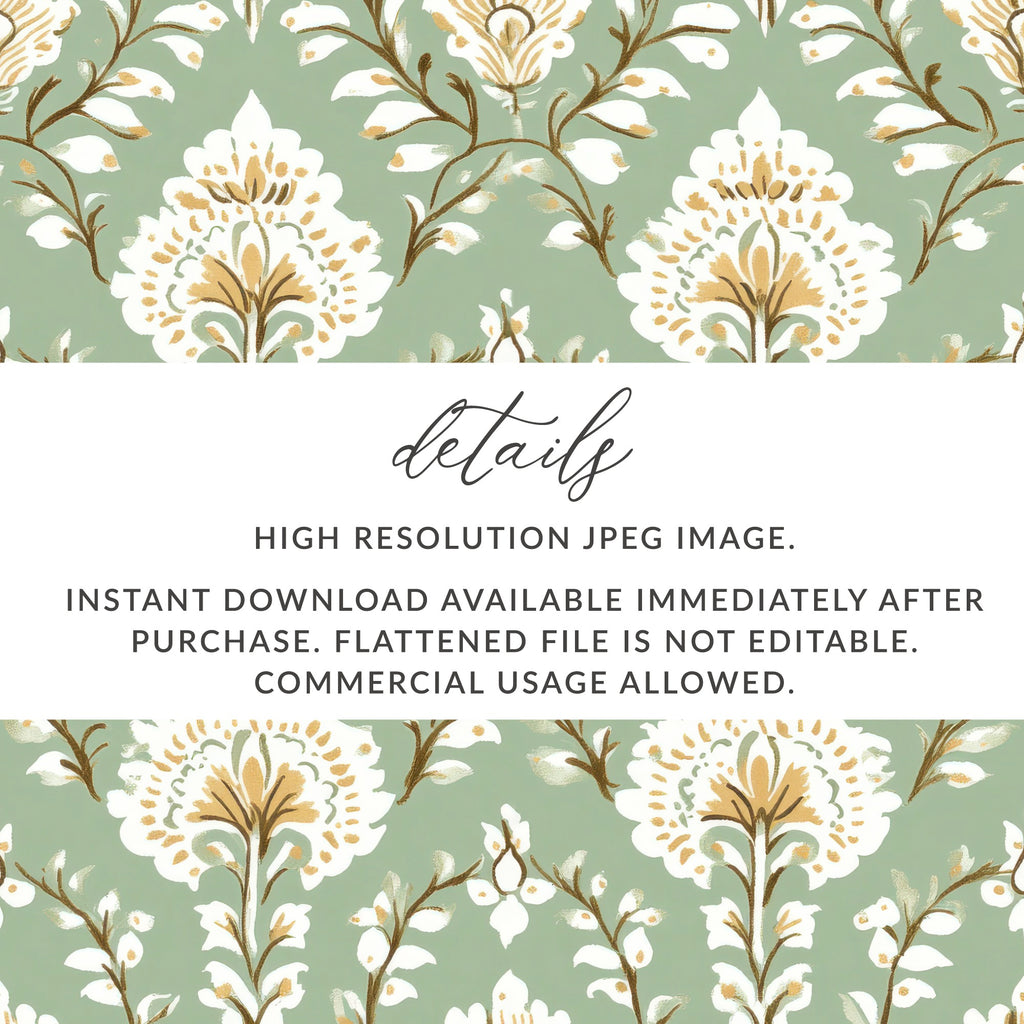 Ornate Floral Repeat Pattern Pale Green Background Indian Motif Geometric - Moore and Mountain