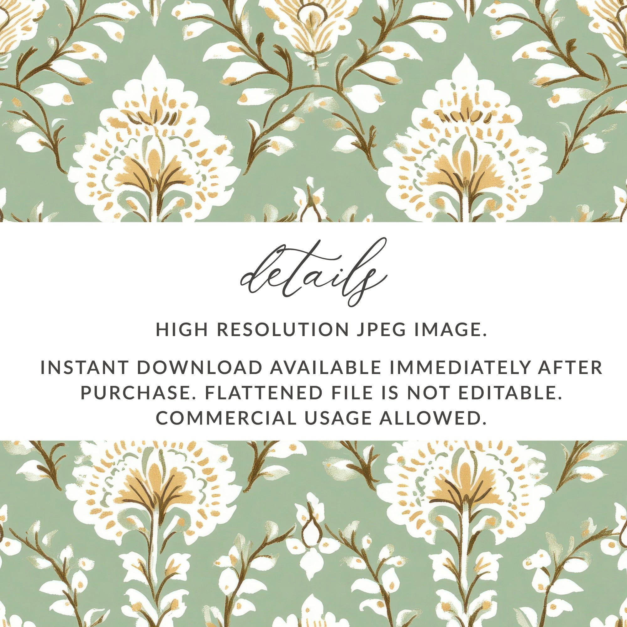 Ornate Floral Repeat Pattern Pale Green Background Indian Motif Geometric - Moore and Mountain