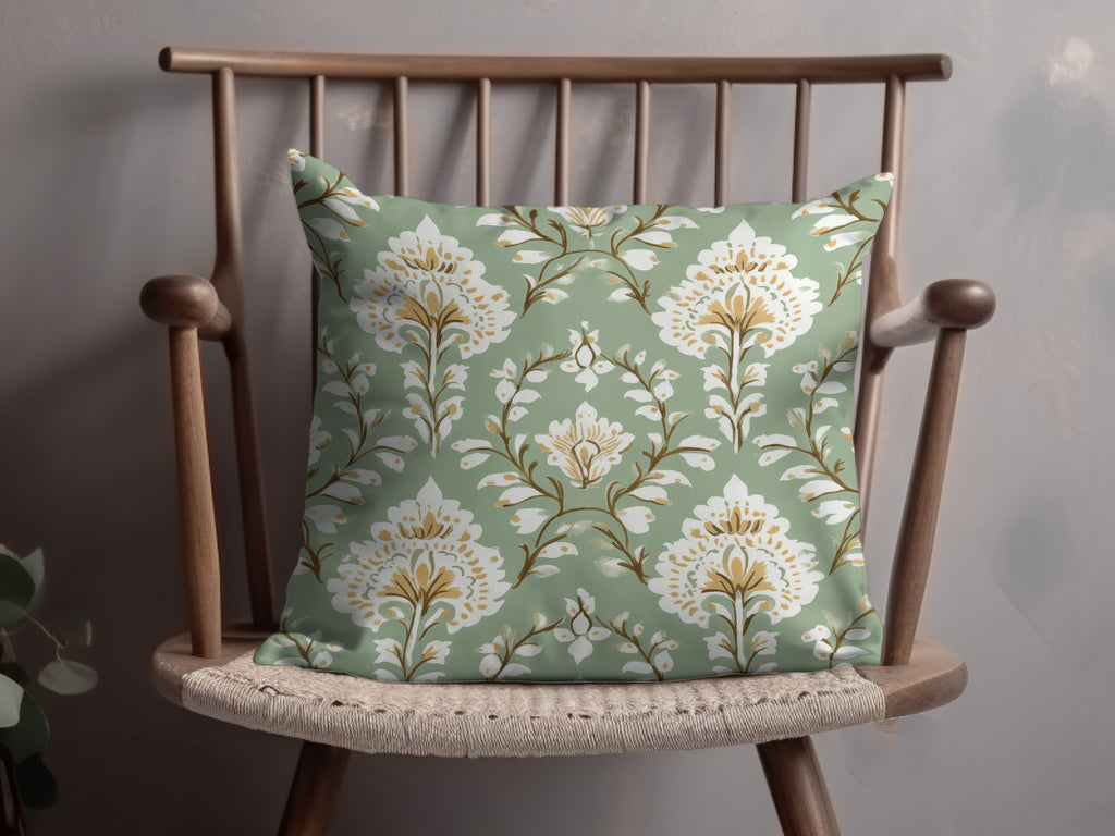 Ornate Floral Repeat Pattern Pale Green Background Indian Motif Geometric - Moore and Mountain