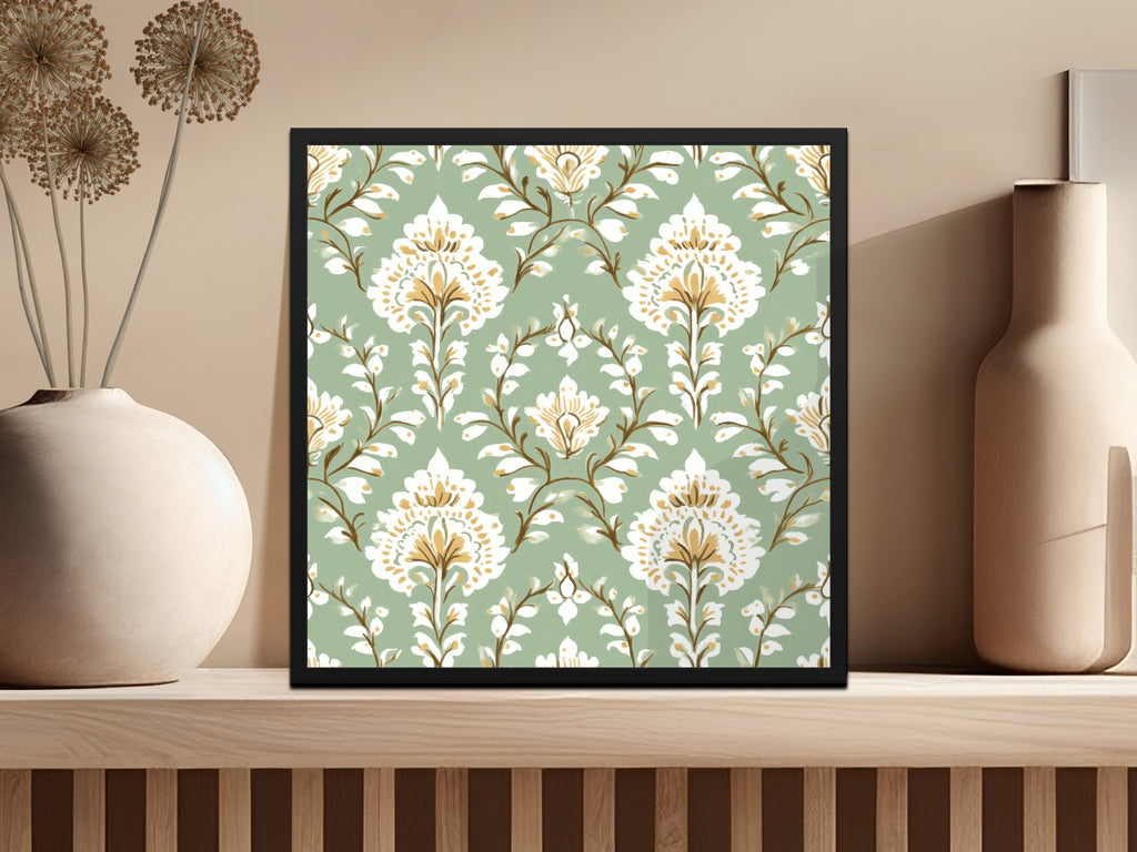 Ornate Floral Repeat Pattern Pale Green Background Indian Motif Geometric - Moore and Mountain