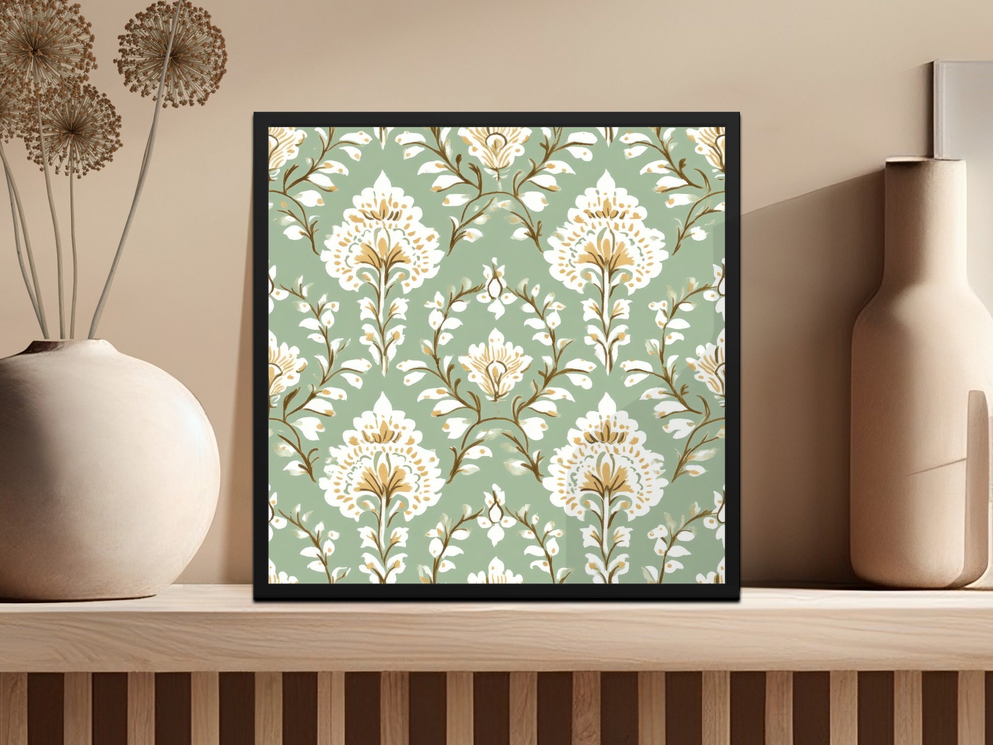 Ornate Floral Repeat Pattern Pale Green Background Indian Motif Geometric - Moore and Mountain