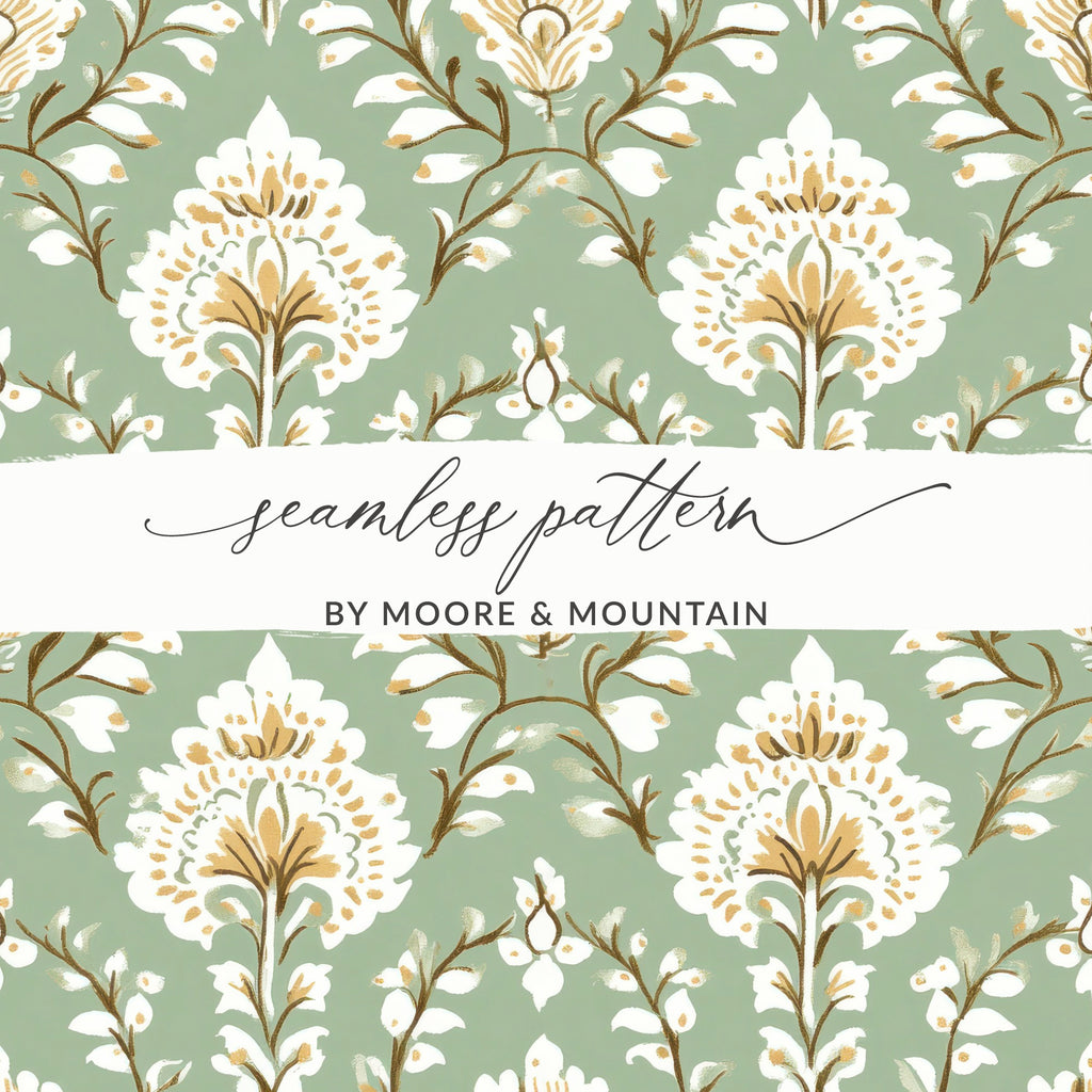 Ornate Floral Repeat Pattern Pale Green Background Indian Motif Geometric - Moore and Mountain