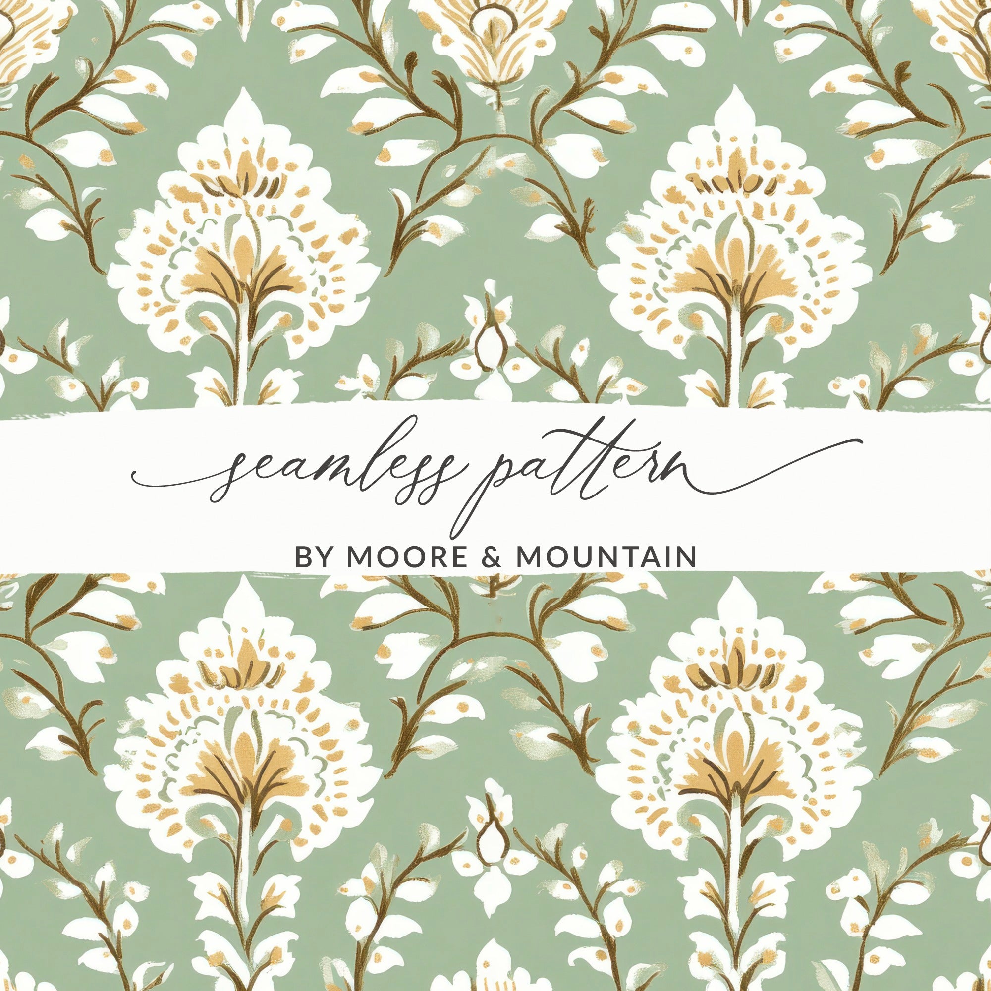 Ornate Floral Repeat Pattern Pale Green Background Indian Motif Geometric - Moore and Mountain
