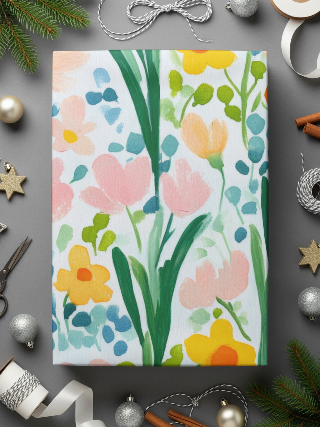 Colorful Hand-Painted Floral Gift Wrapping Paper