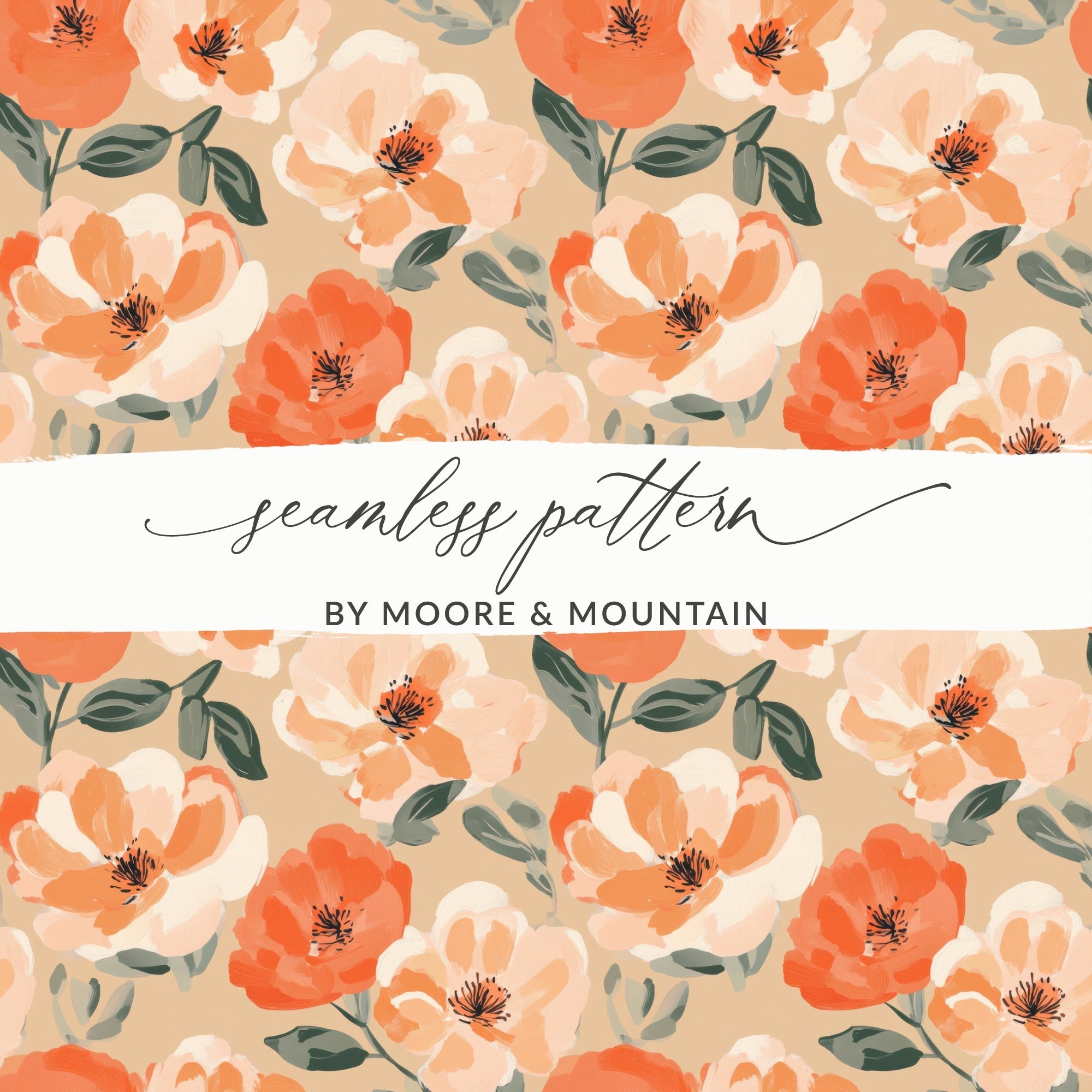Painted Floral Pattern Peach and Orange Flowers Digital - Moore and Mountain