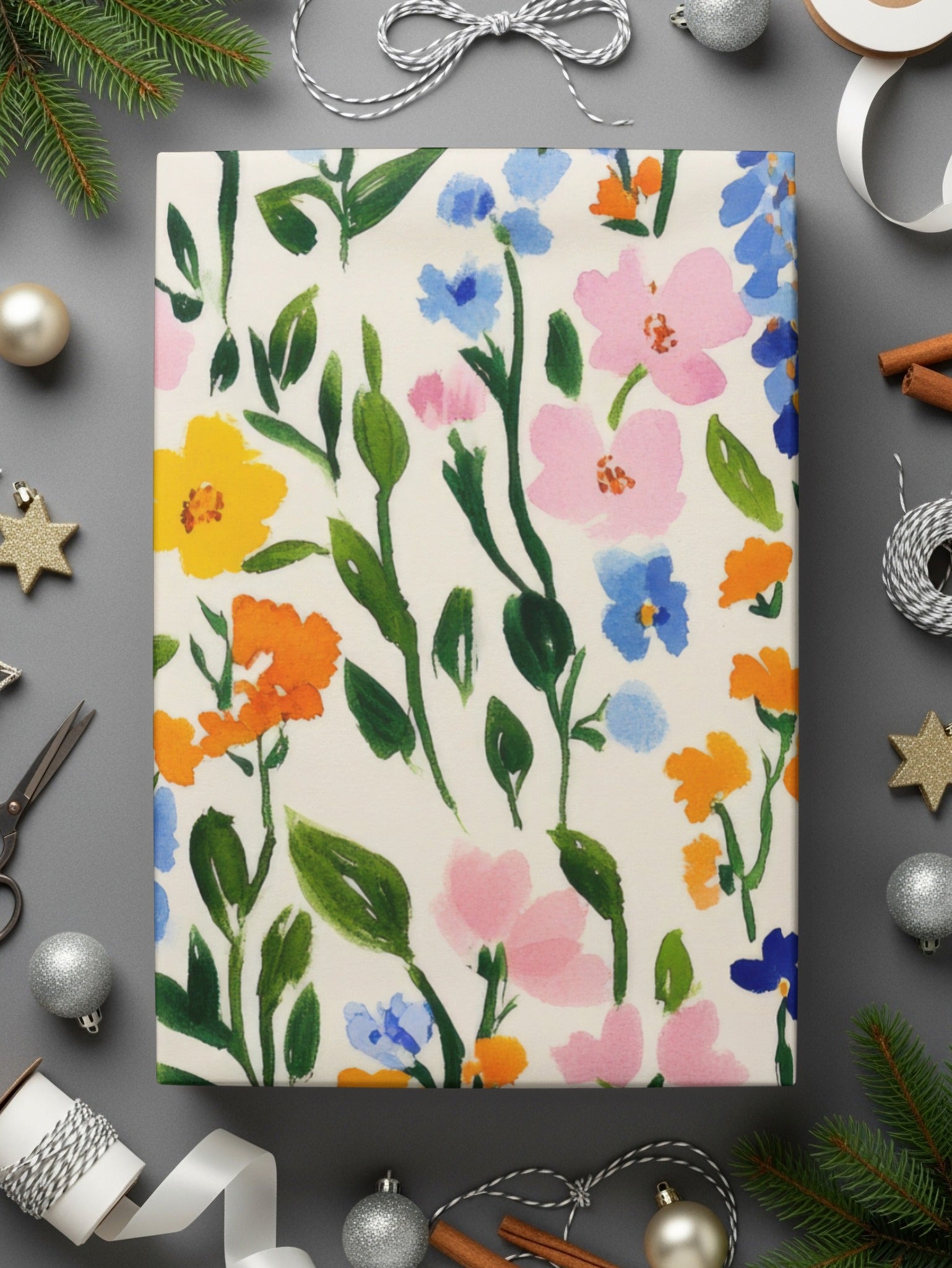 Festive Floral Gift Wrapping Paper with Colorful Blooms
