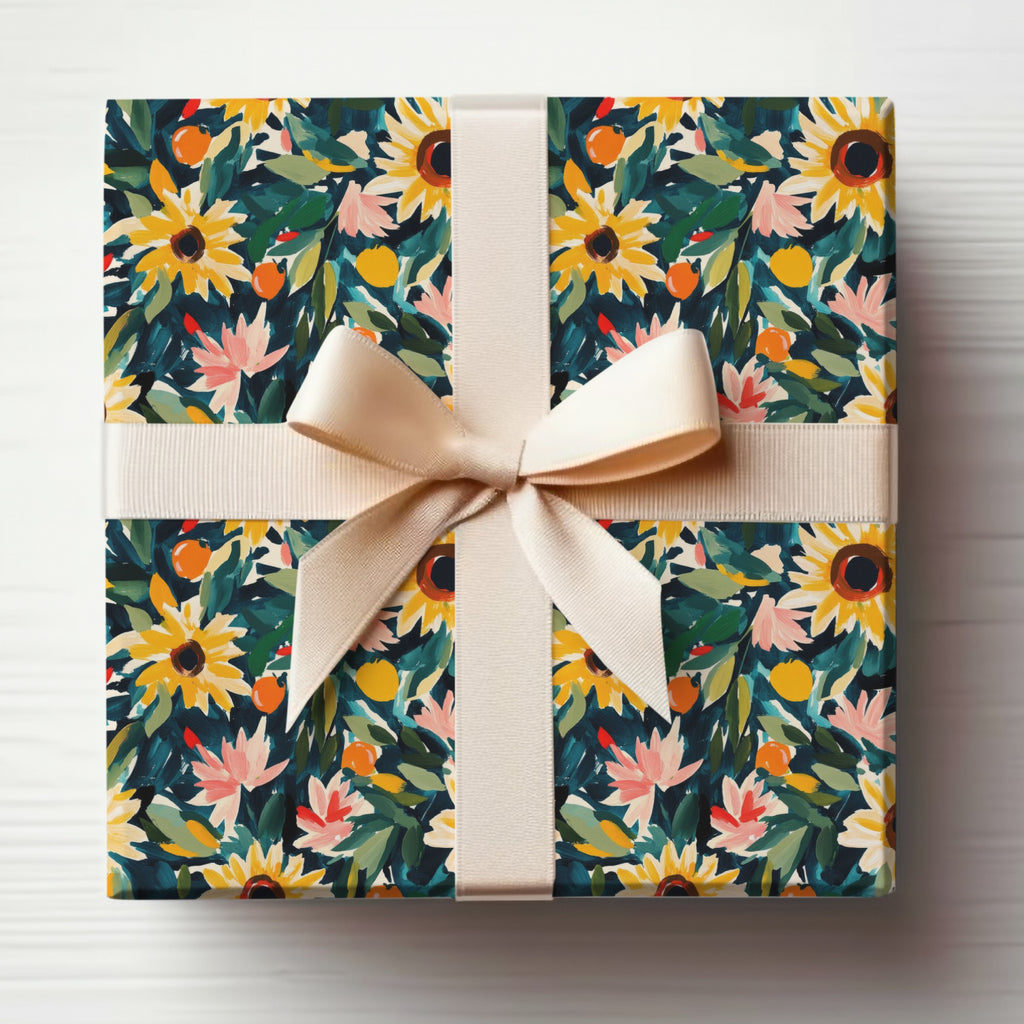 Sunflower Floral Bloom Gift Wrapping Paper with Ribbon