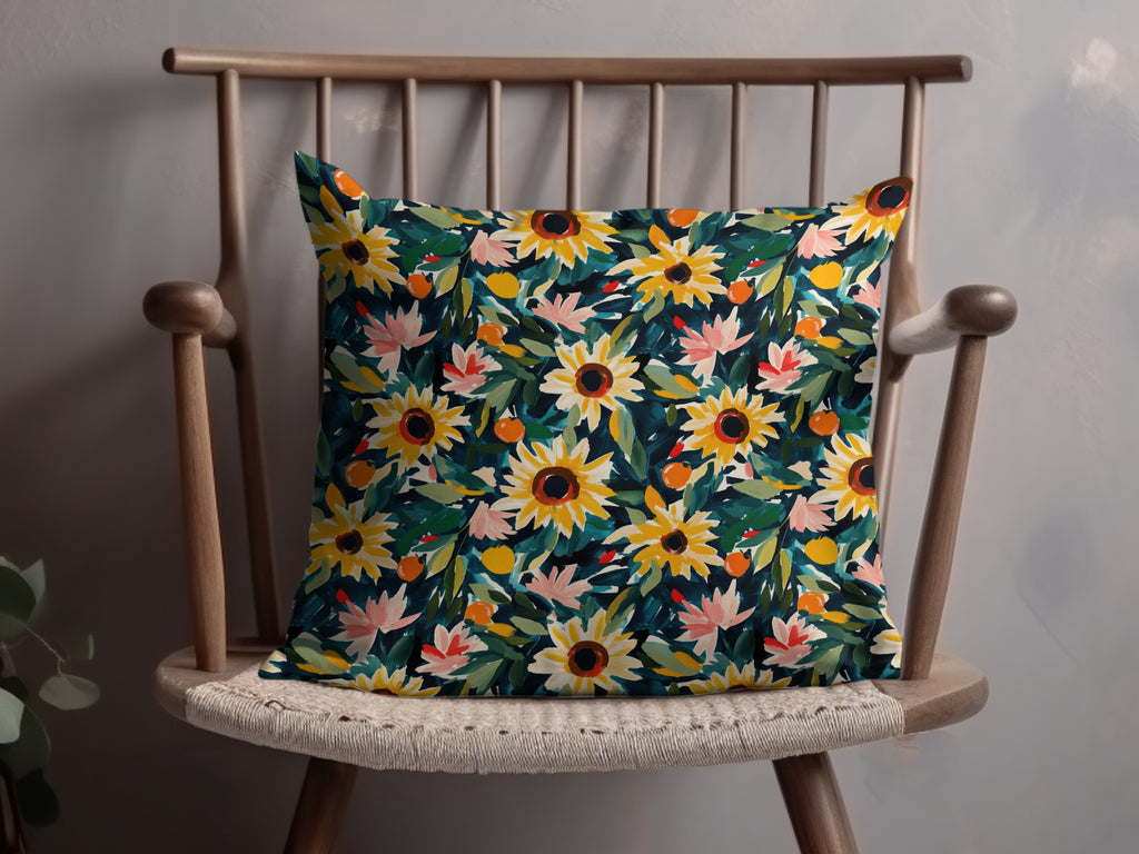 Colorful Sunflower and Leaves Pattern Cushion