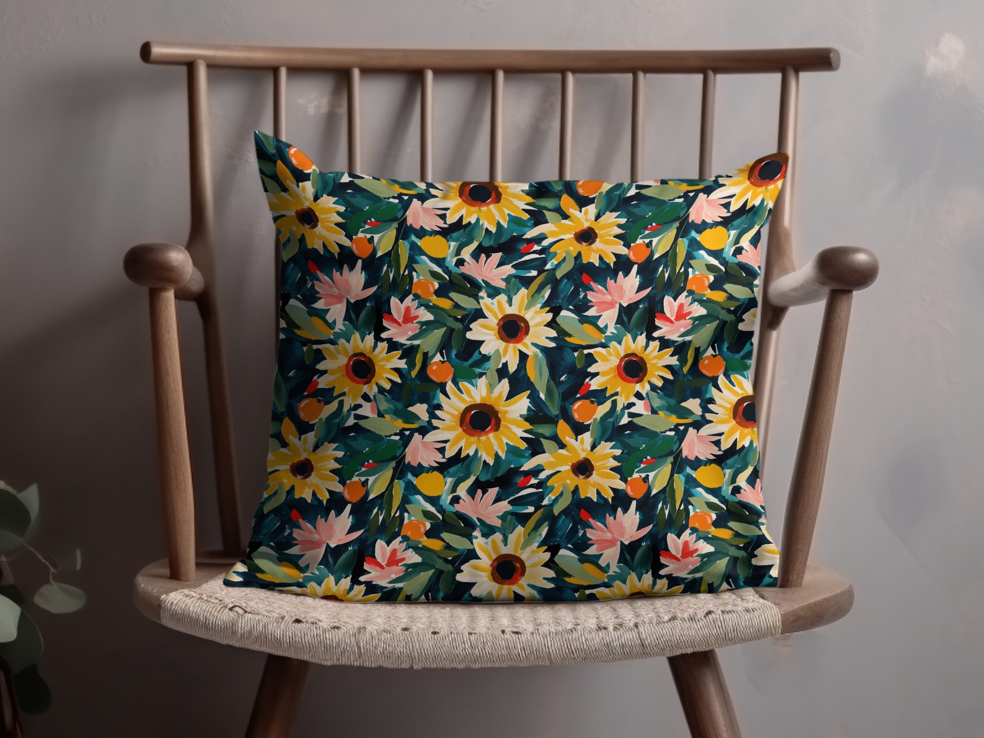Colorful Sunflower and Leaves Pattern Cushion